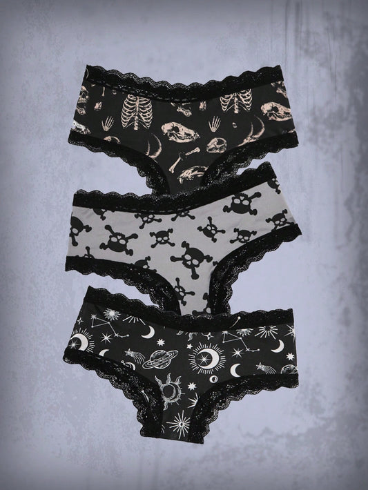 Goth 3pack Skull Graphic Contrast Lace Panty Set