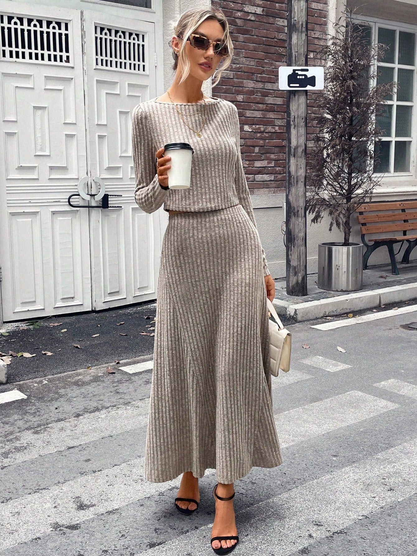 Striking Solid Ribbed Knit Top & Skirt Set