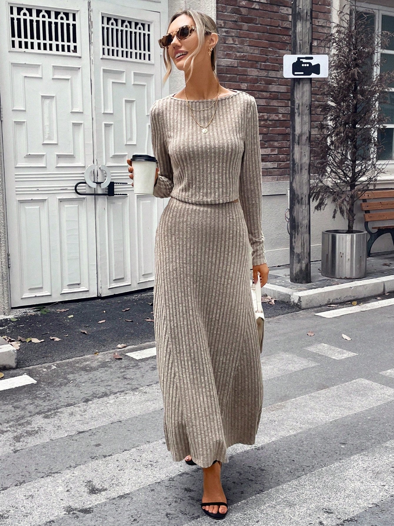 Striking Solid Ribbed Knit Top & Skirt Set