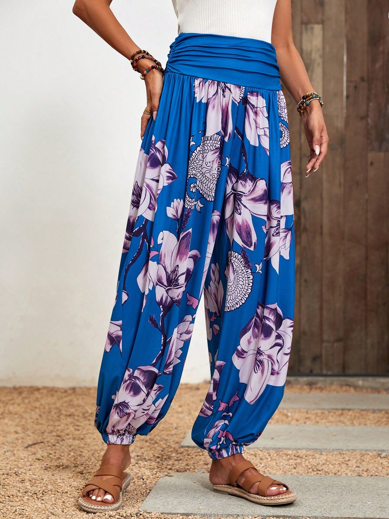 Bohemian Gypsy Floral Ruched Wide Waist Pants