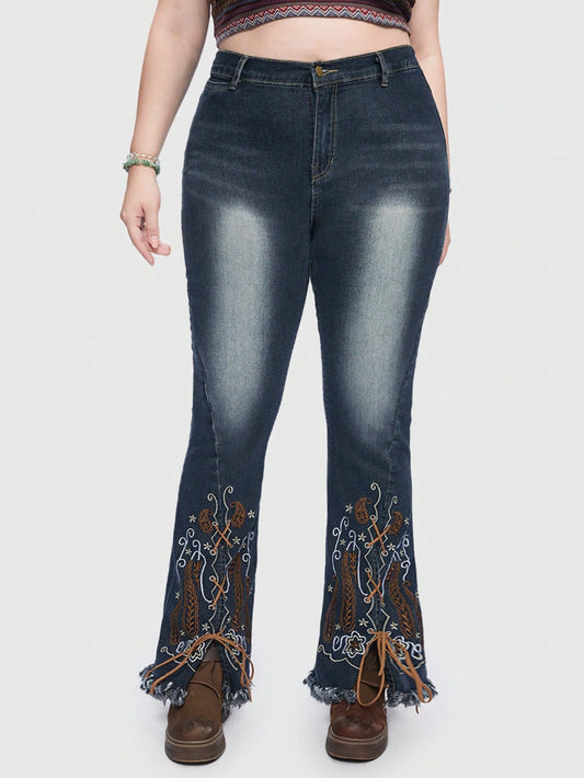 Hippie Plus* High Waist Floral Embroidery Flare Leg Jeans