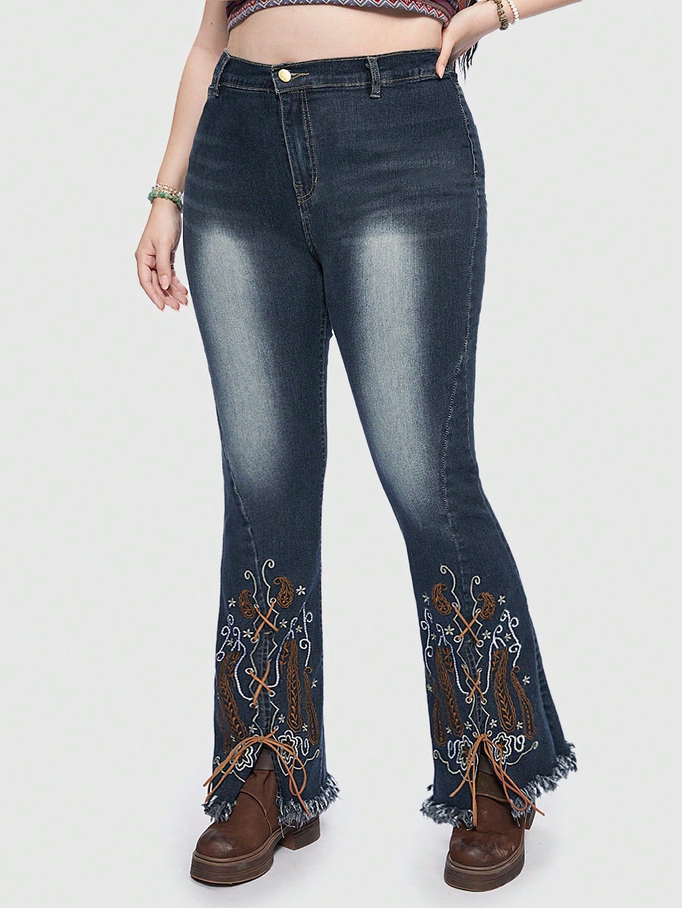 Hippie Plus* High Waist Floral Embroidery Flare Leg Jeans