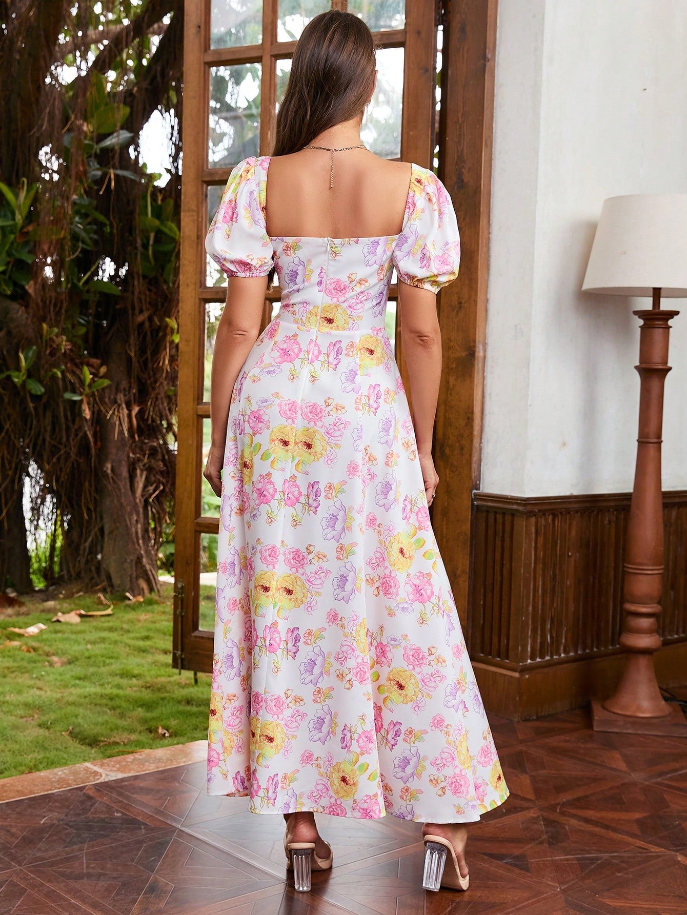 Garden Party Puff Sleeve High Split Floral Print Dress