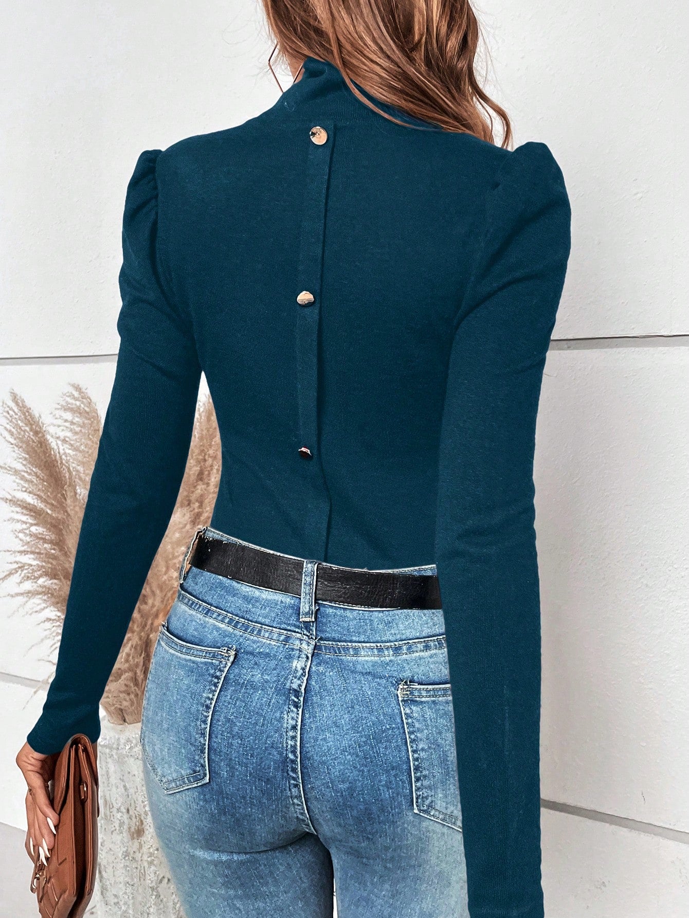 Back To You Mock Neck Puff Sleeve Button Back