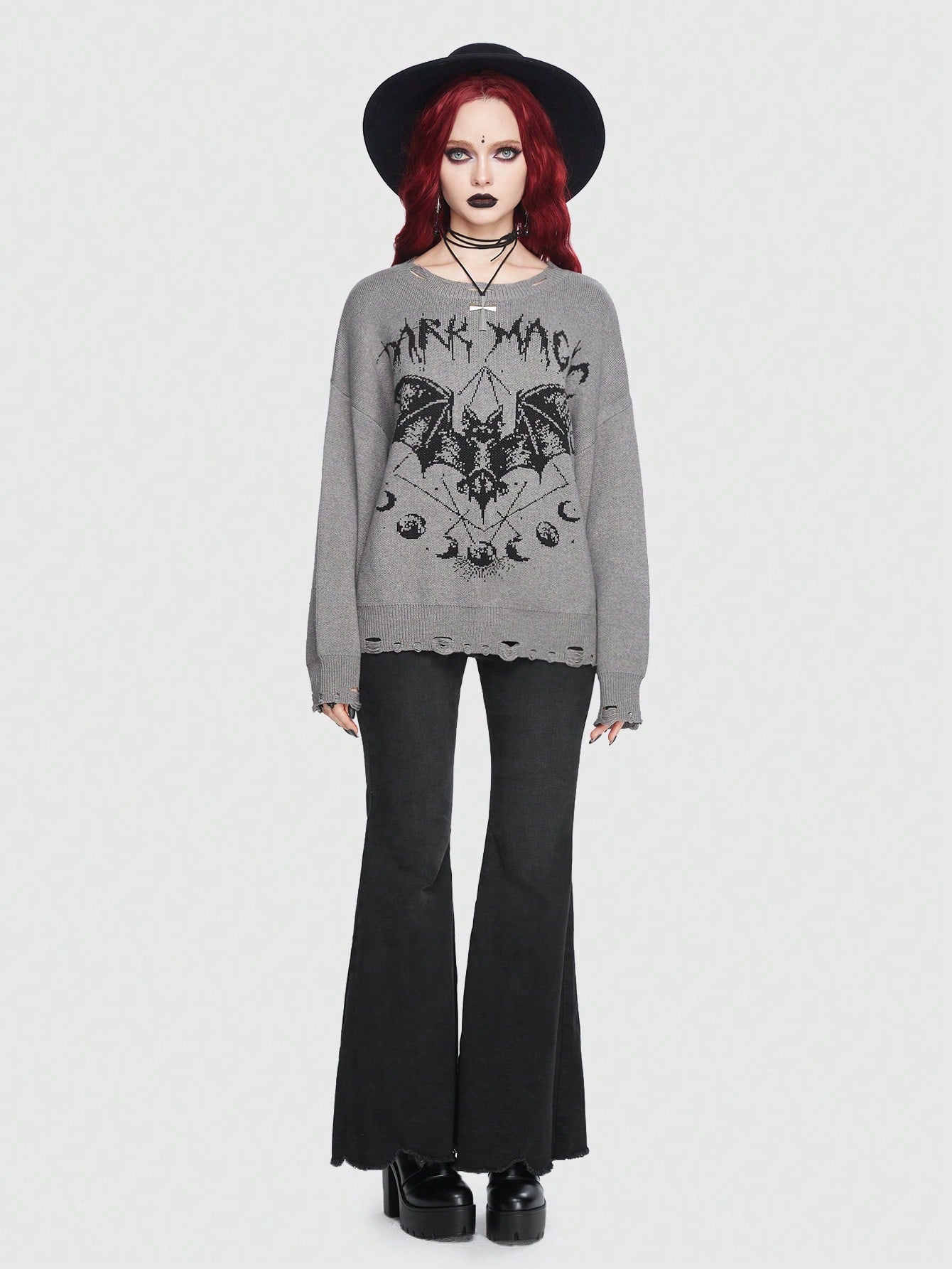 Goth Bat Pattern Drop Shoulder Distressed Sweater