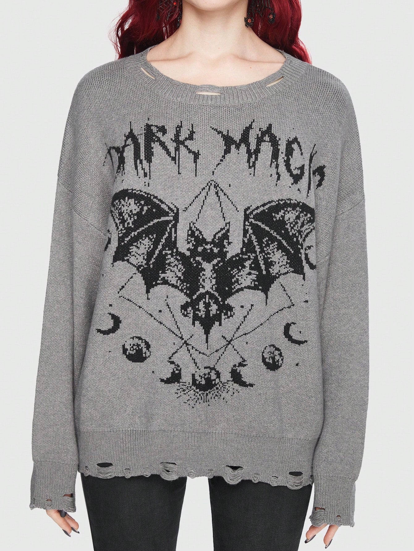 Goth Bat Pattern Drop Shoulder Distressed Sweater