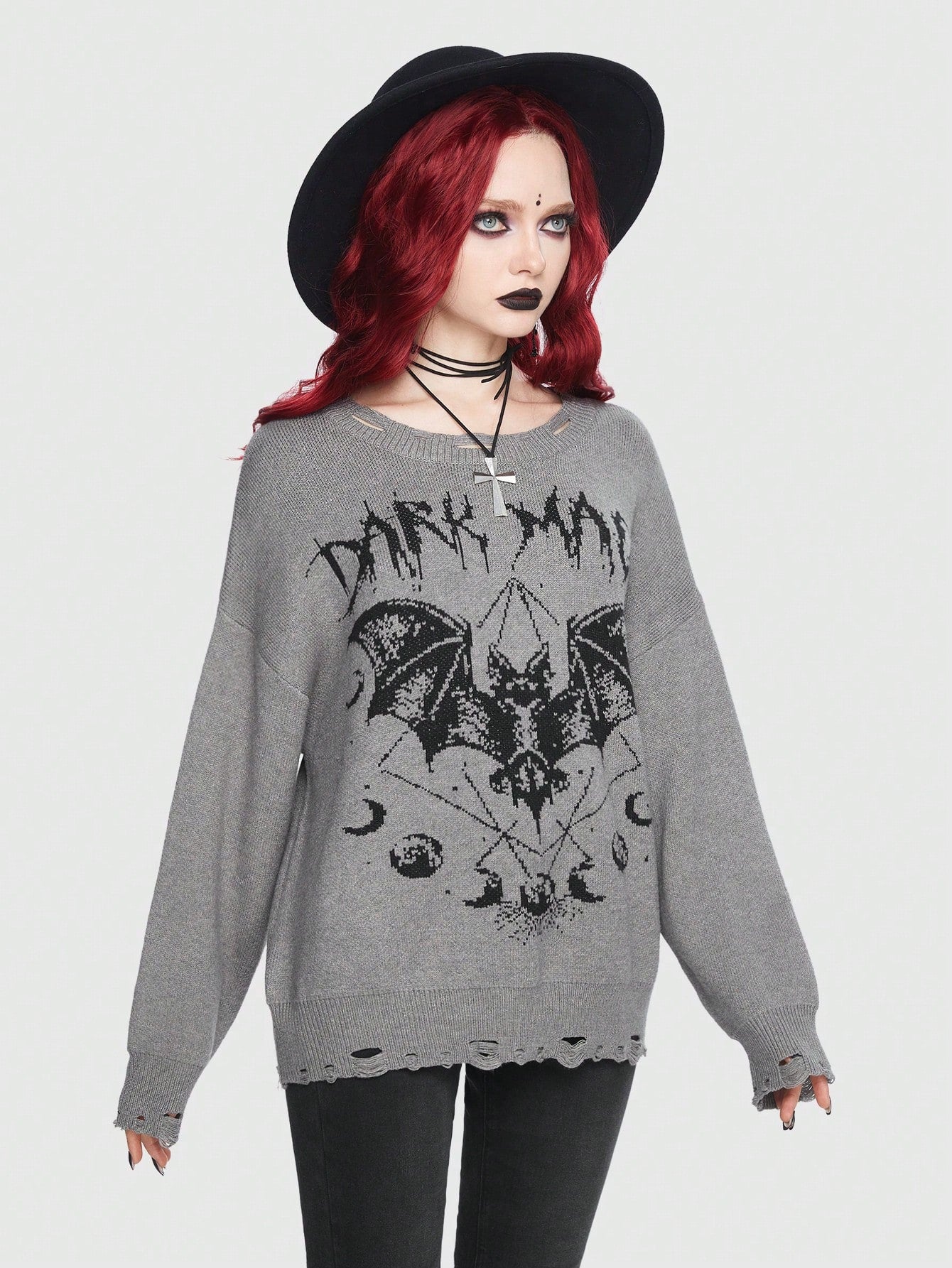 Goth Bat Pattern Drop Shoulder Distressed Sweater