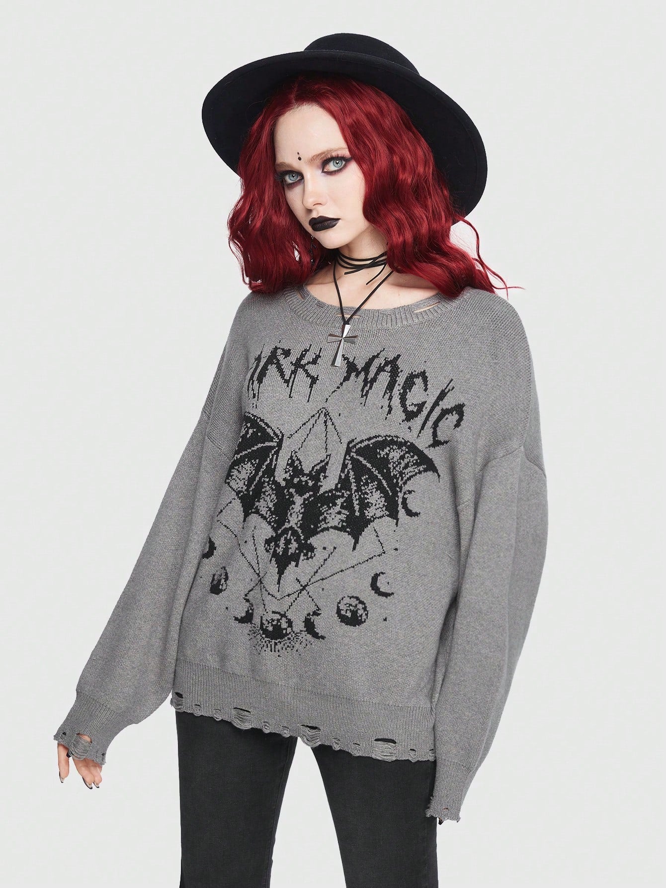 Goth Bat Pattern Drop Shoulder Distressed Sweater