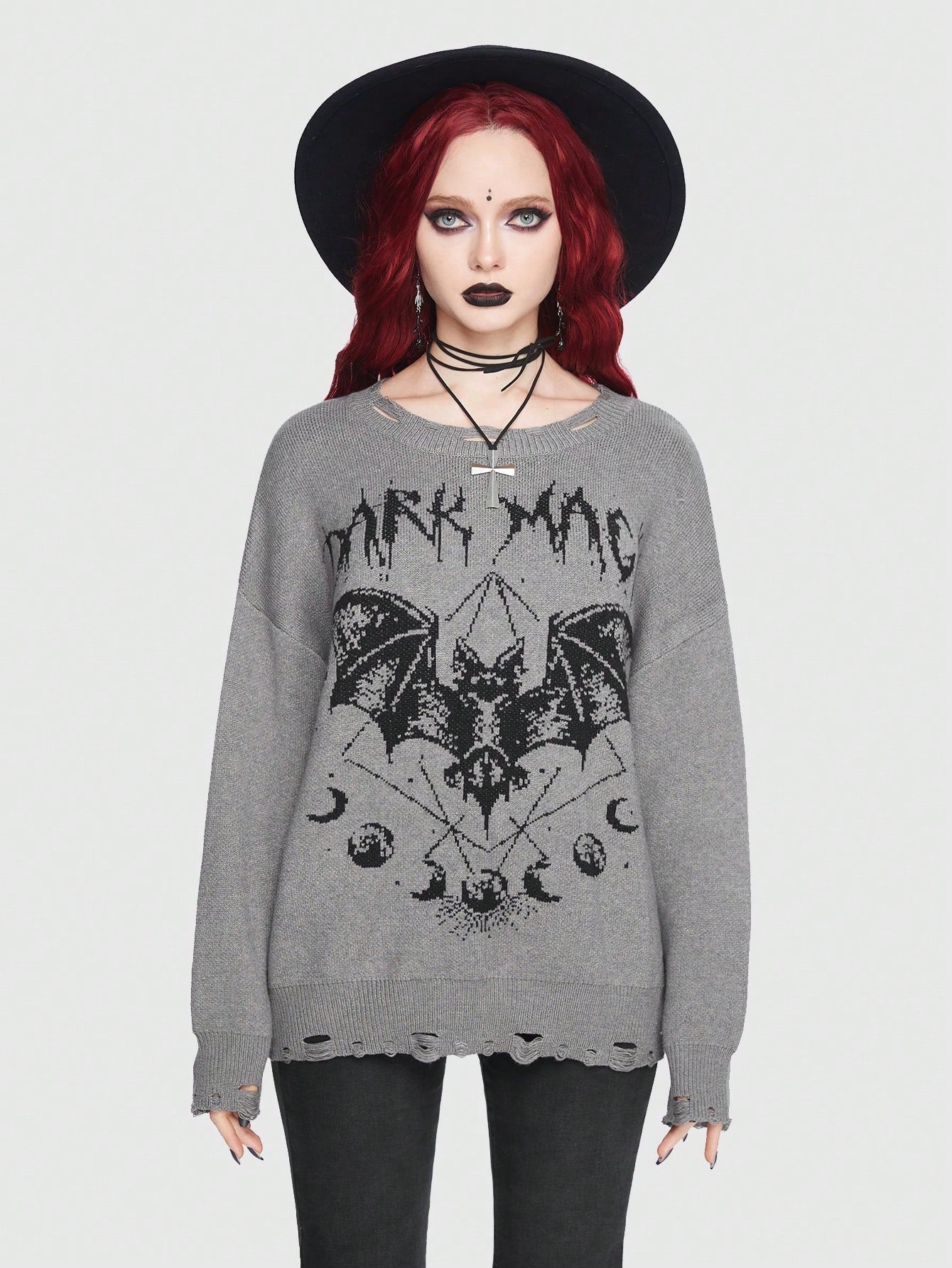 Goth Bat Pattern Drop Shoulder Distressed Sweater