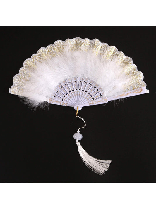 Victorian Style Golden Printing Tassel Lace Feather Decor Folding Handheld Fan