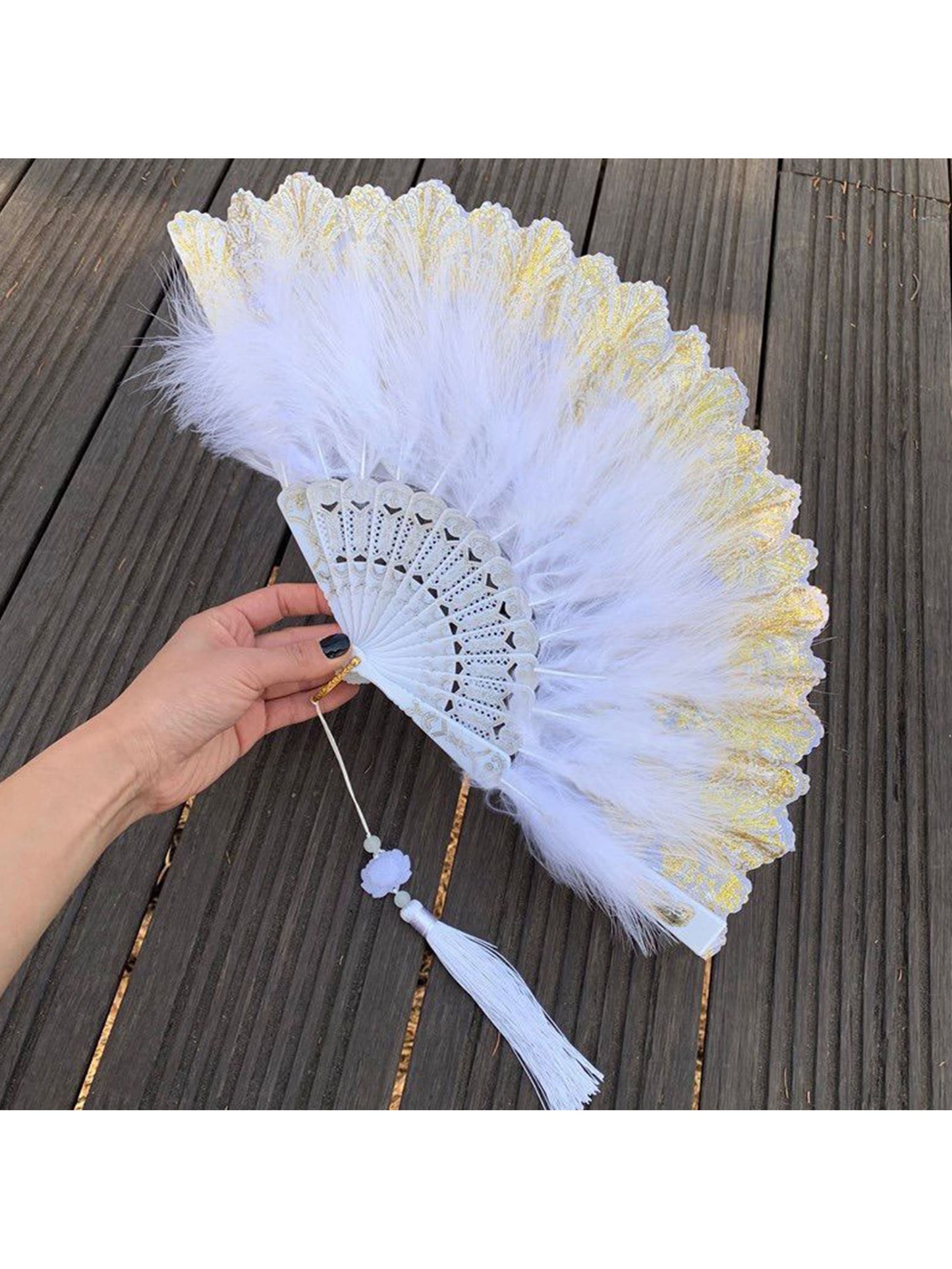Victorian Style Golden Printing Tassel Lace Feather Decor Folding Handheld Fan