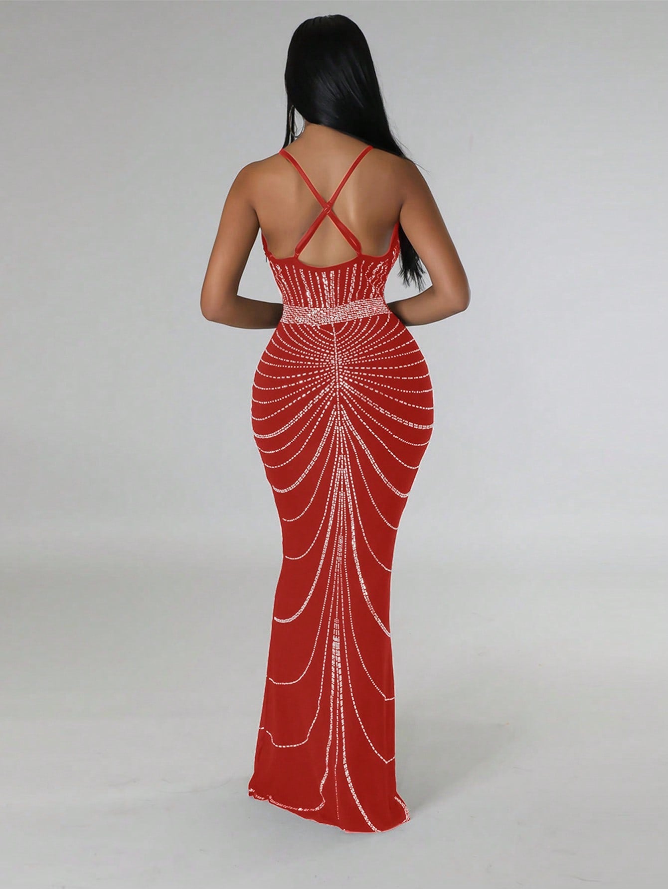 Rhinestone Detail Mermaid Hem Sequin Formal Dress