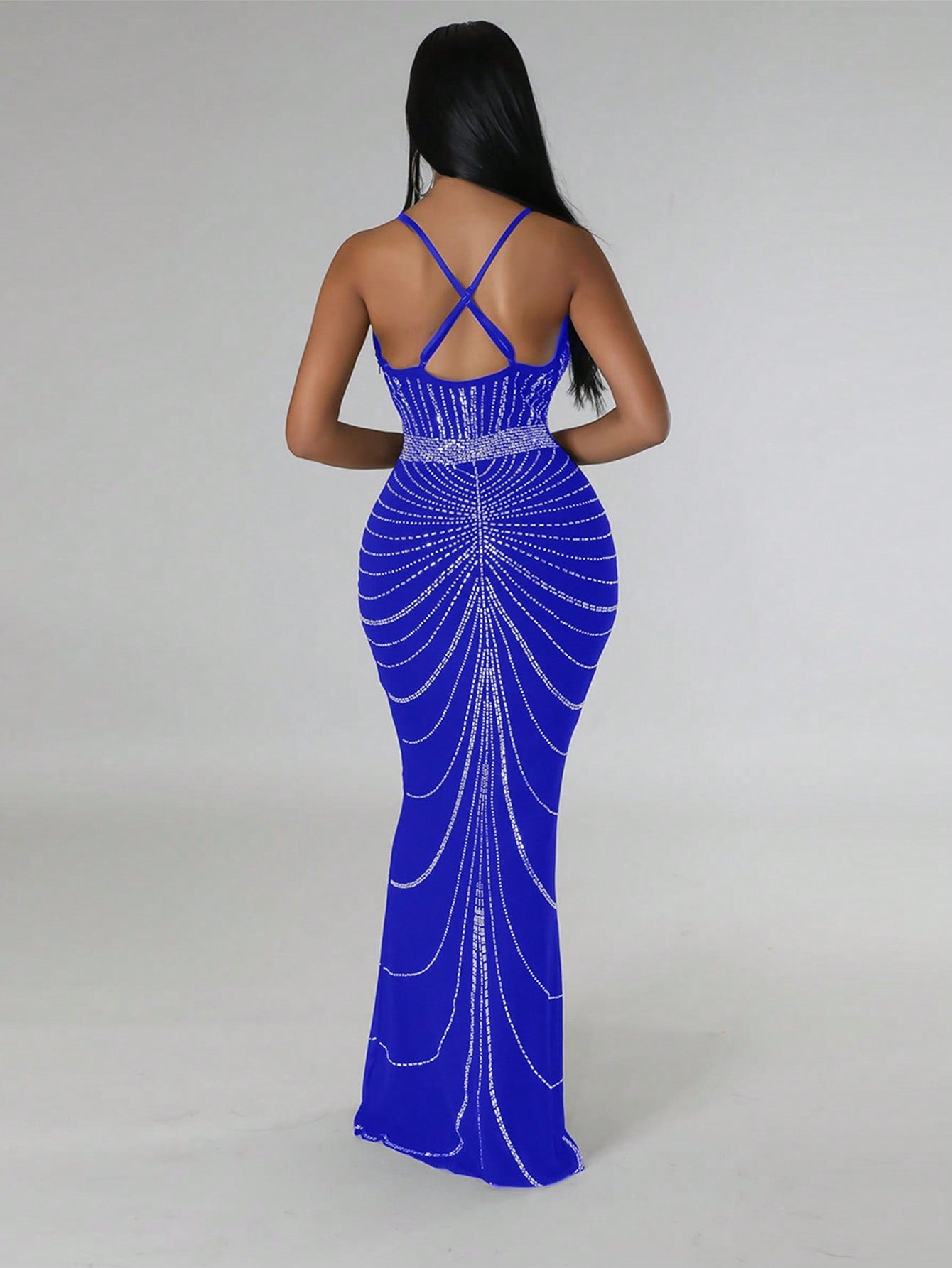 Rhinestone Detail Mermaid Hem Sequin Formal Dress