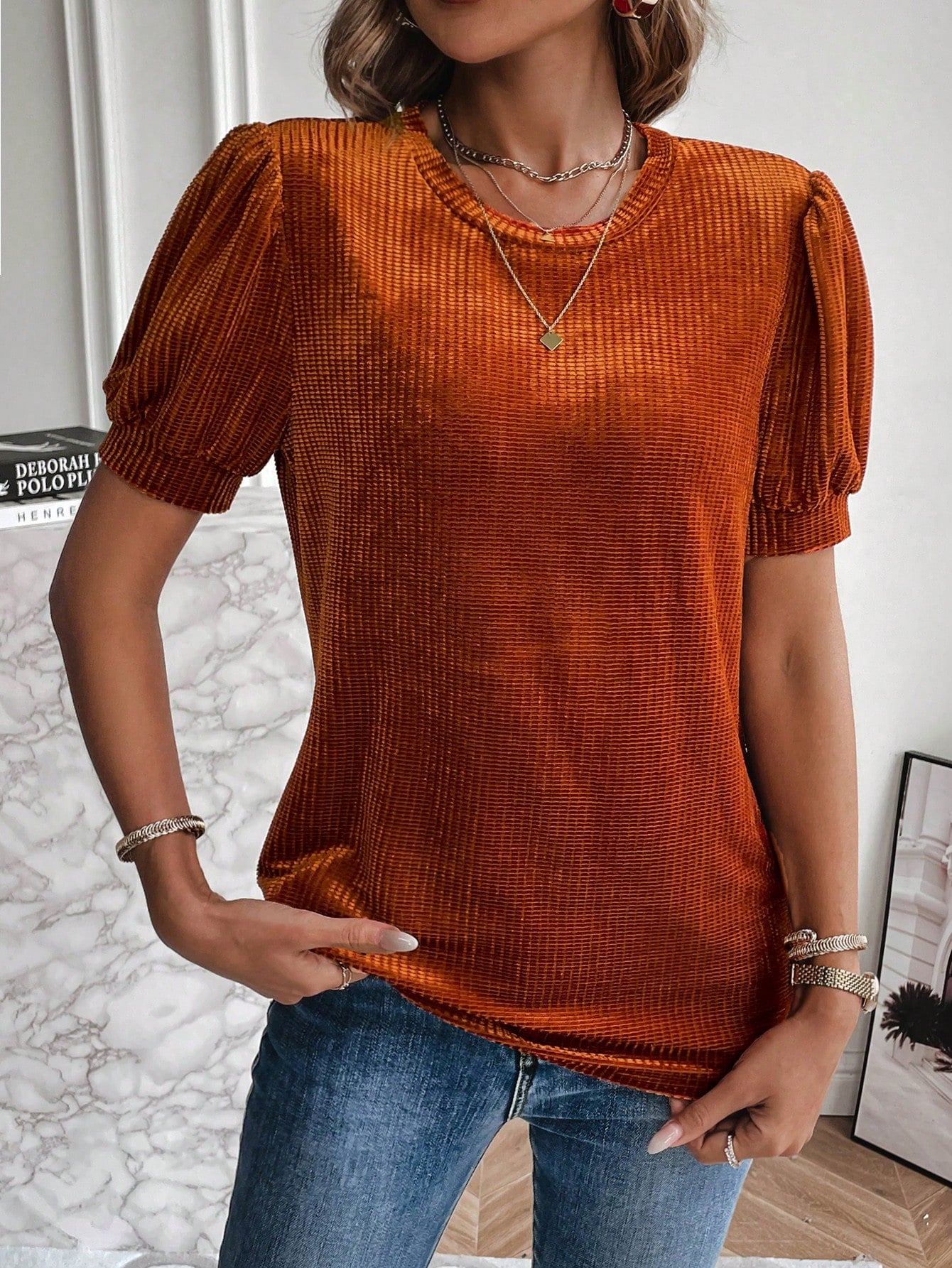 Pumpkin Spice Solid Puff Sleeve Velvet Tee