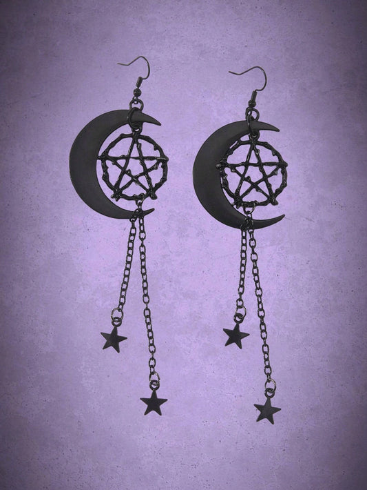 Pendientes colgantes góticos con decoración de luna y estrella de aleación de zinc