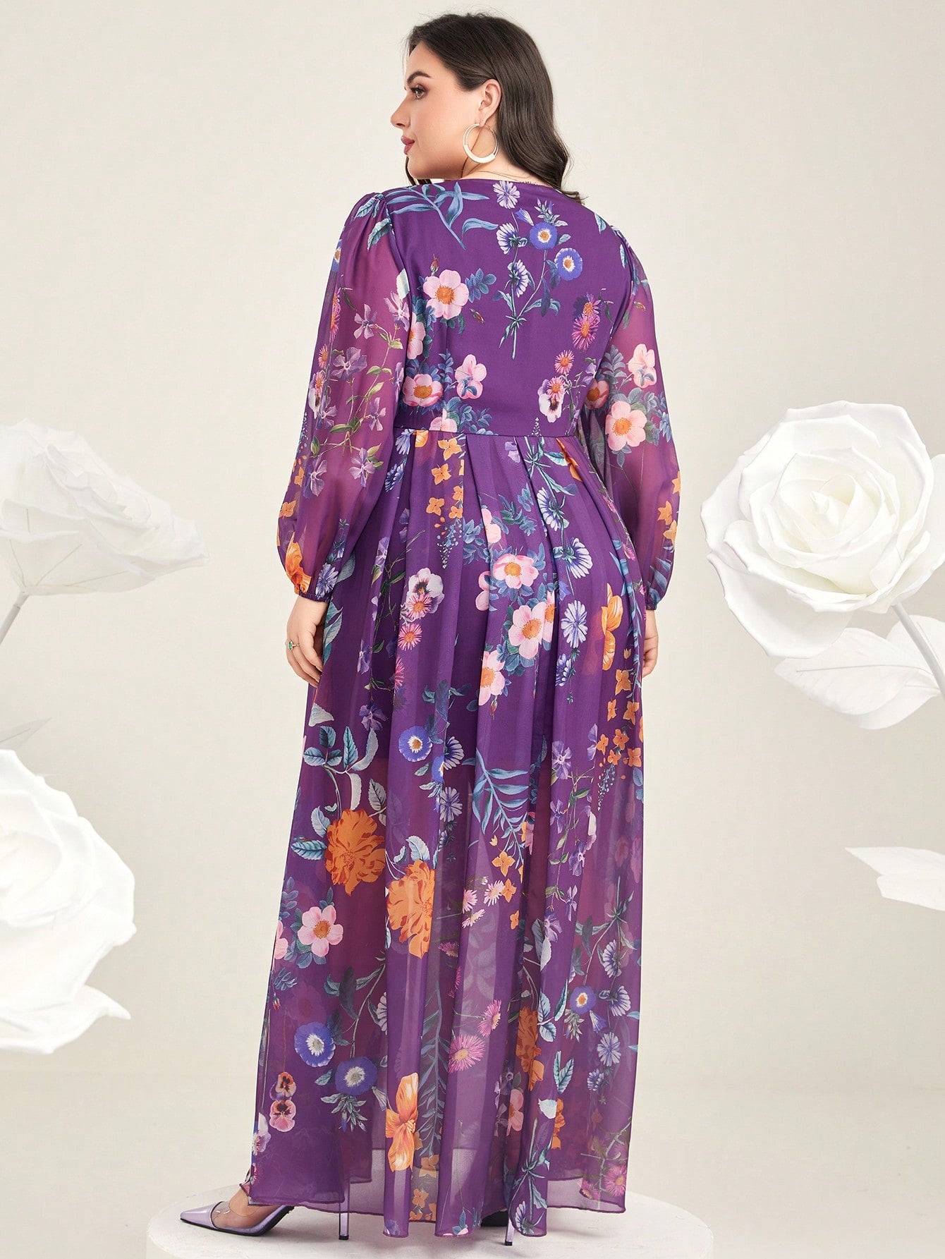 Plus Floral Print Lantern Sleeve Split Thigh Chiffon Dress Without Belt