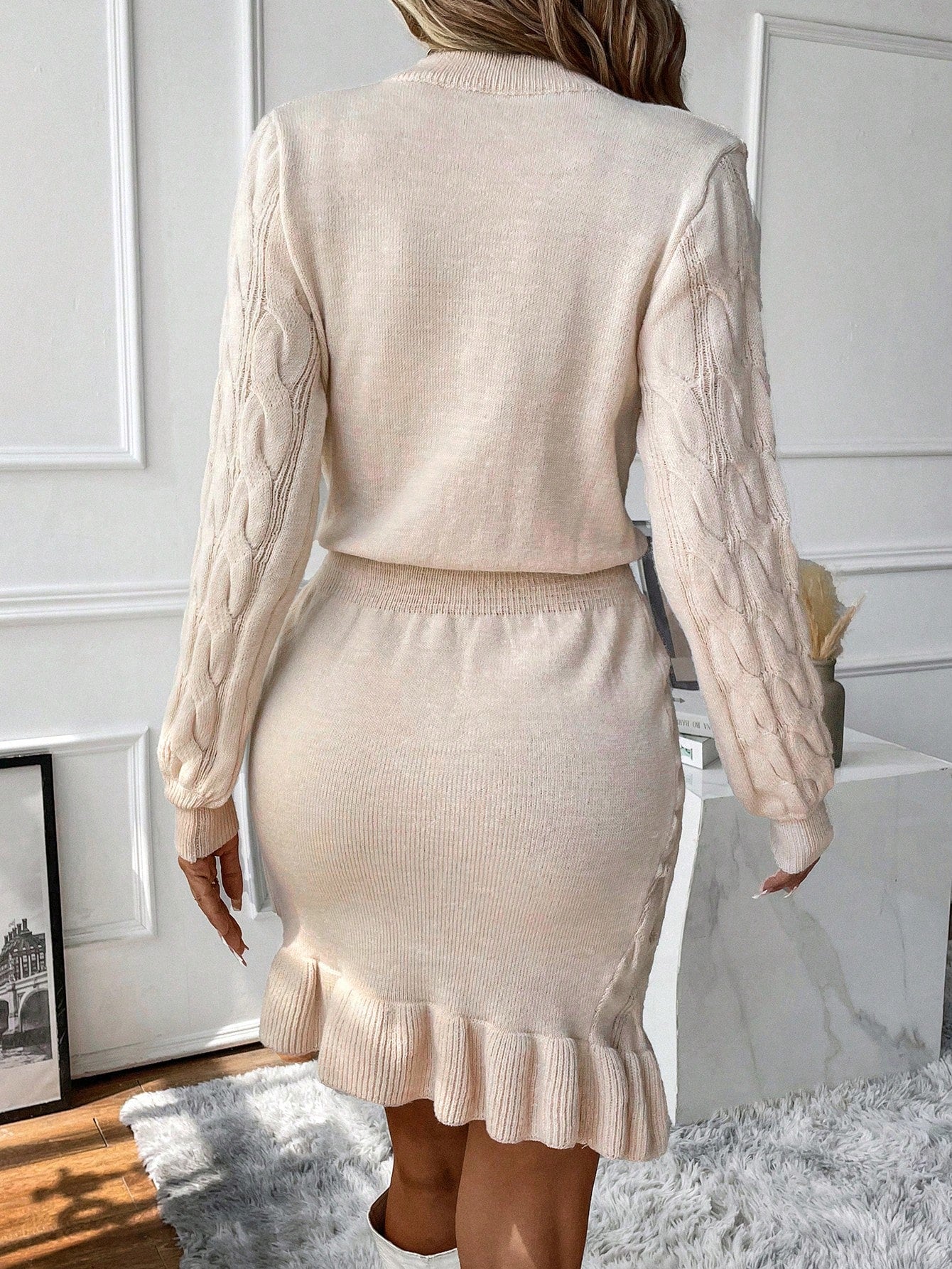 Vacation Mode Cable Knit Lantern Sleeve Ruffle Hem Sweater Dress