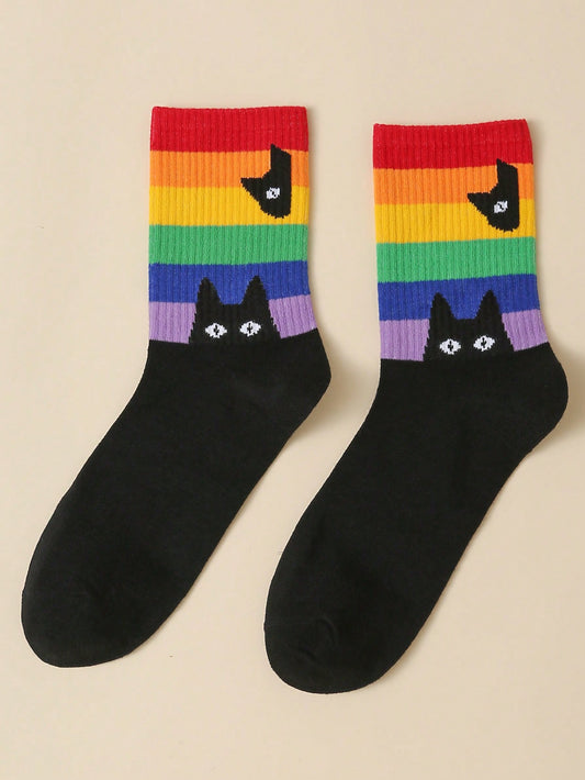 Rainbow Striped Black Cat Pattern Socks