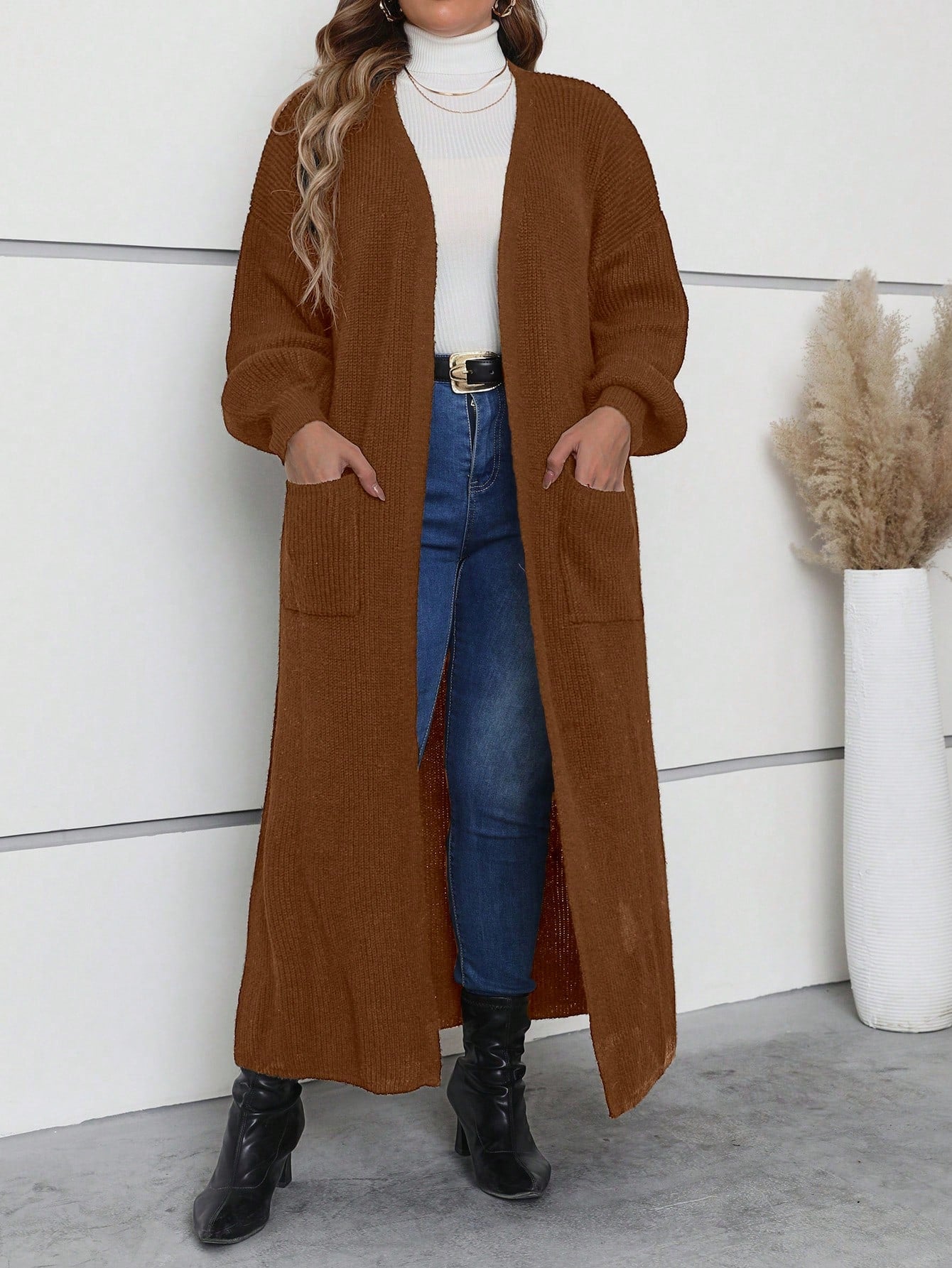 Women wearing a brown Love Earth Plus Drop Shoulder Pocket Patched Open Front Cardigan