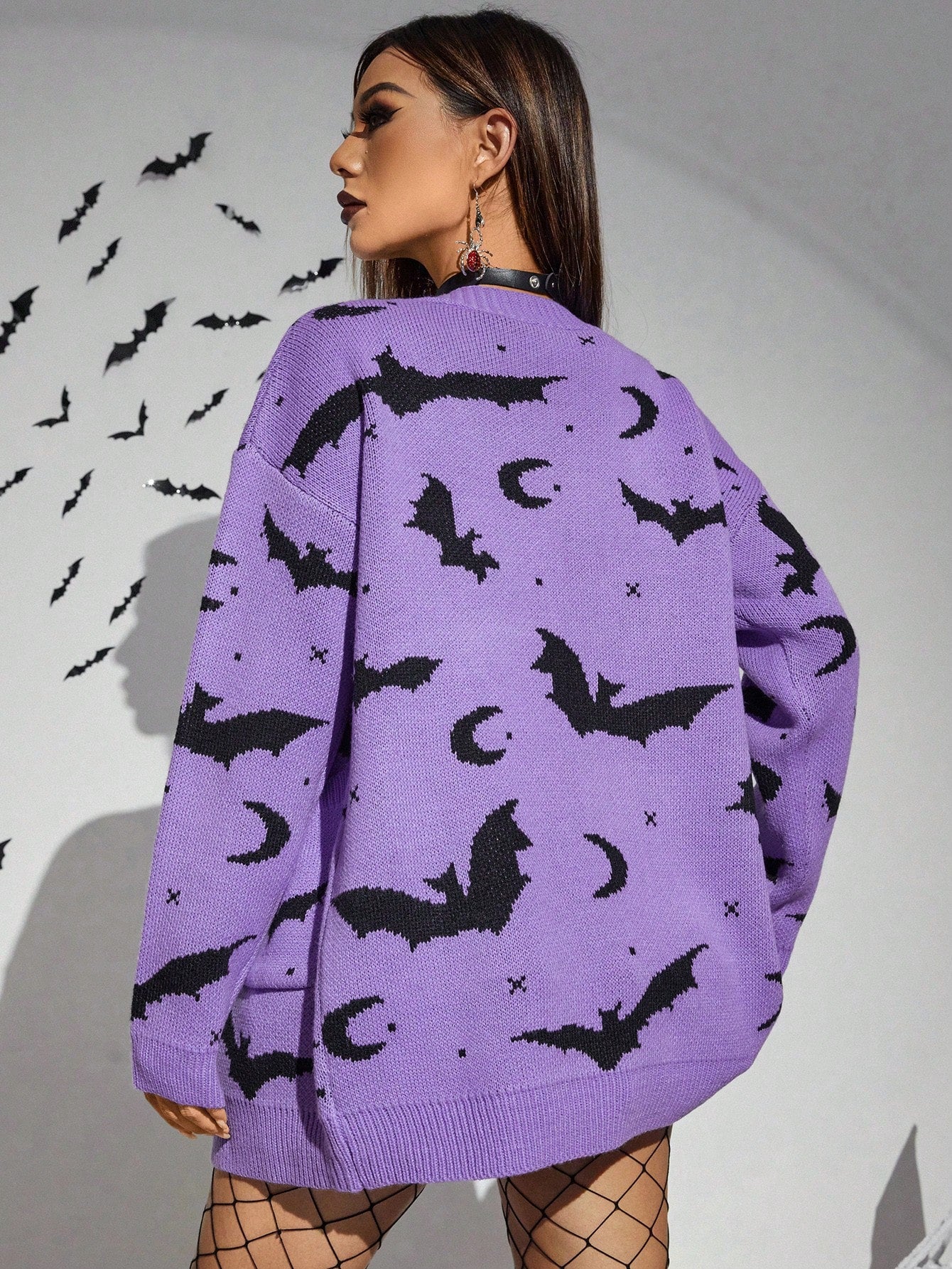 Cárdigan con hombros caídos y estampado de murciélago de Halloween •morado o naranja