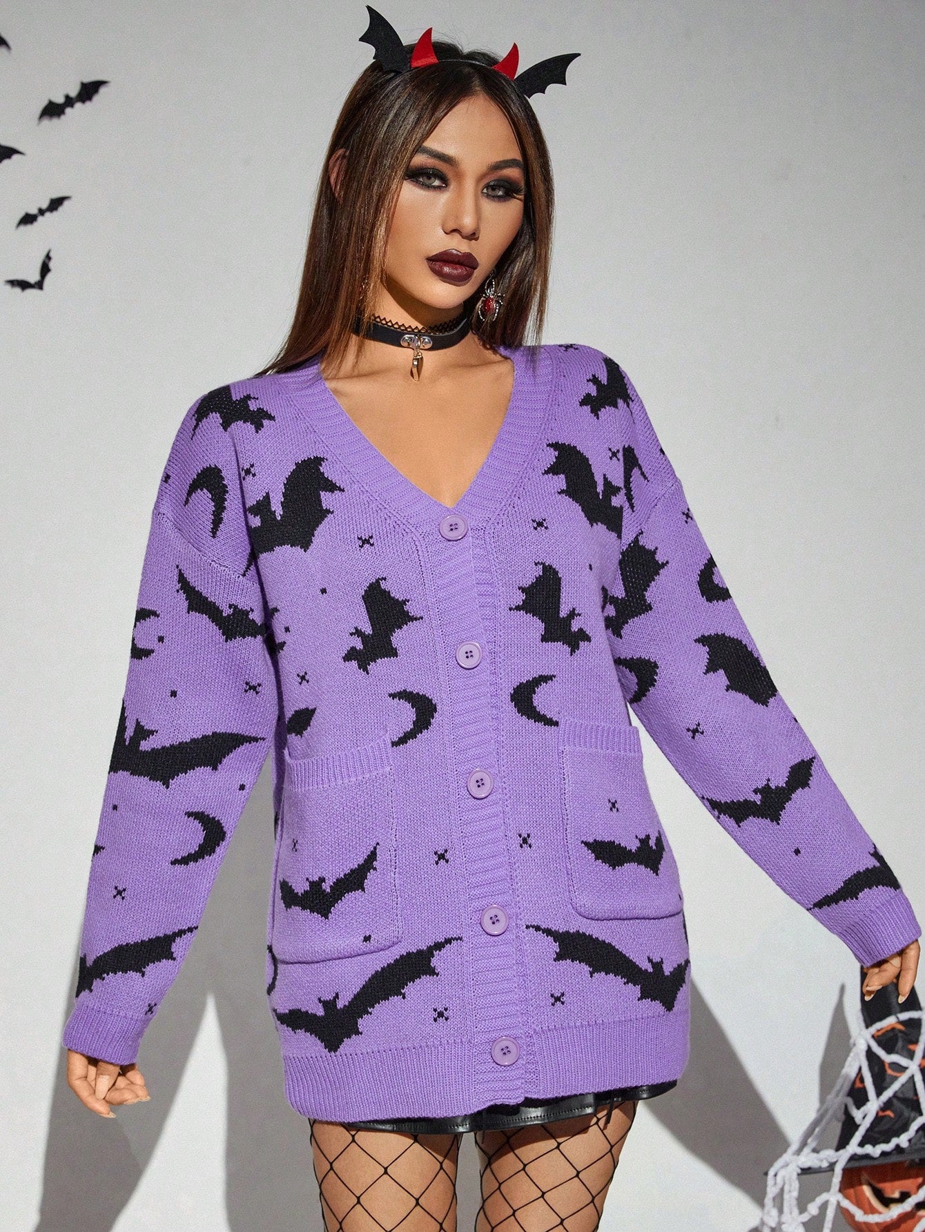 Cárdigan con hombros caídos y estampado de murciélago de Halloween •morado o naranja