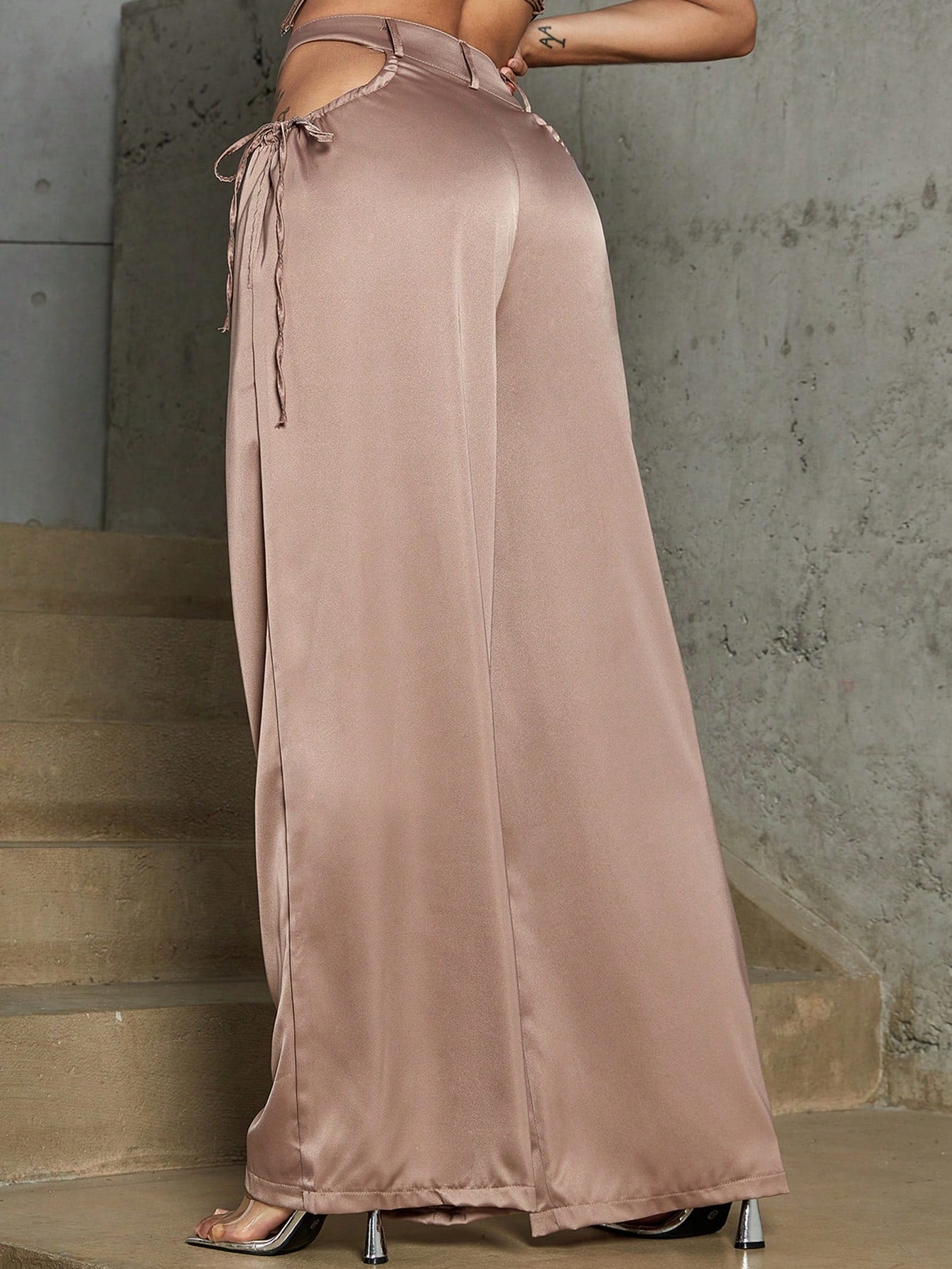 Snazzy Satin Cut Out Knot Side Wide Leg Pants