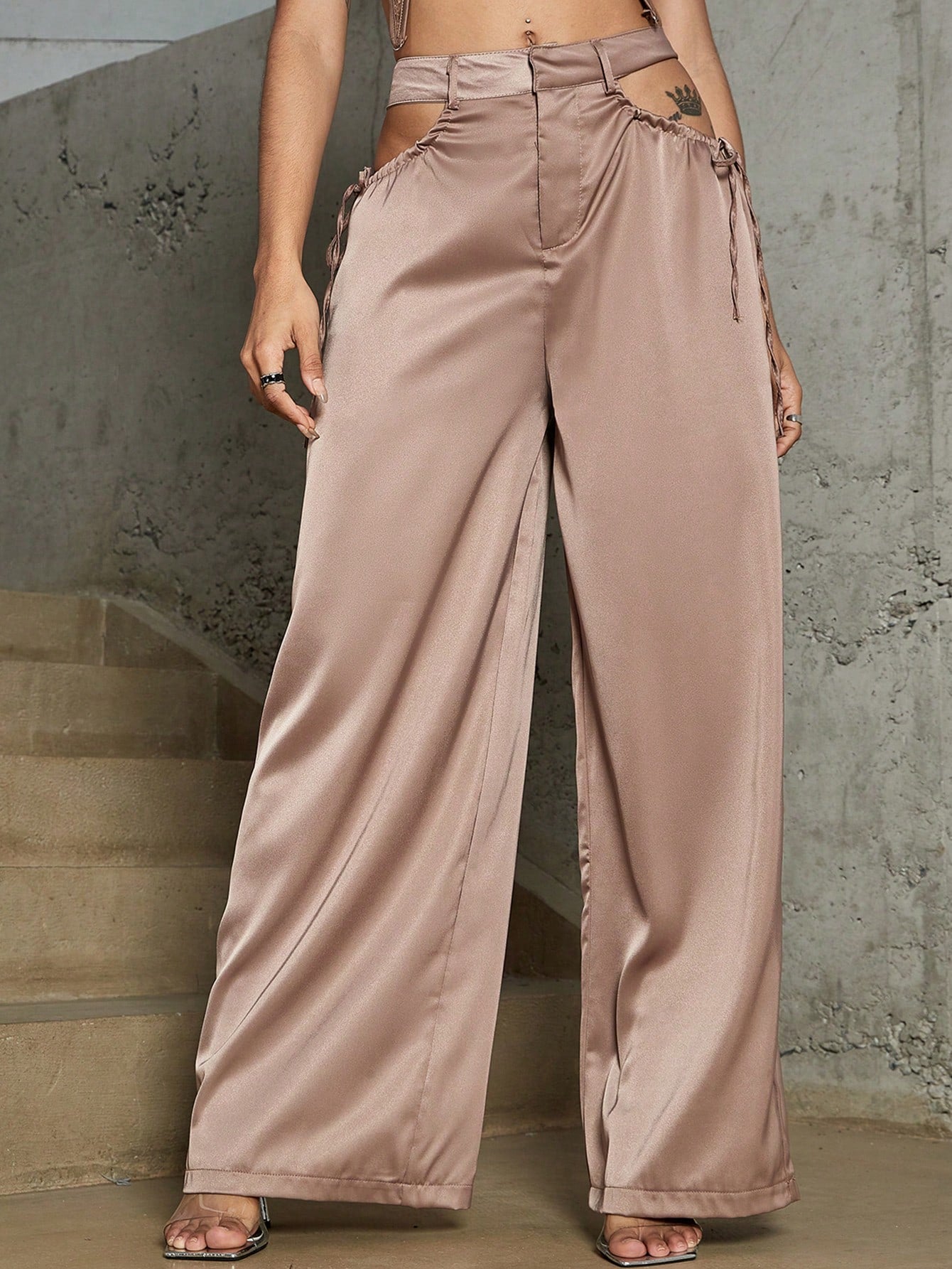 Snazzy Satin Cut Out Knot Side Wide Leg Pants