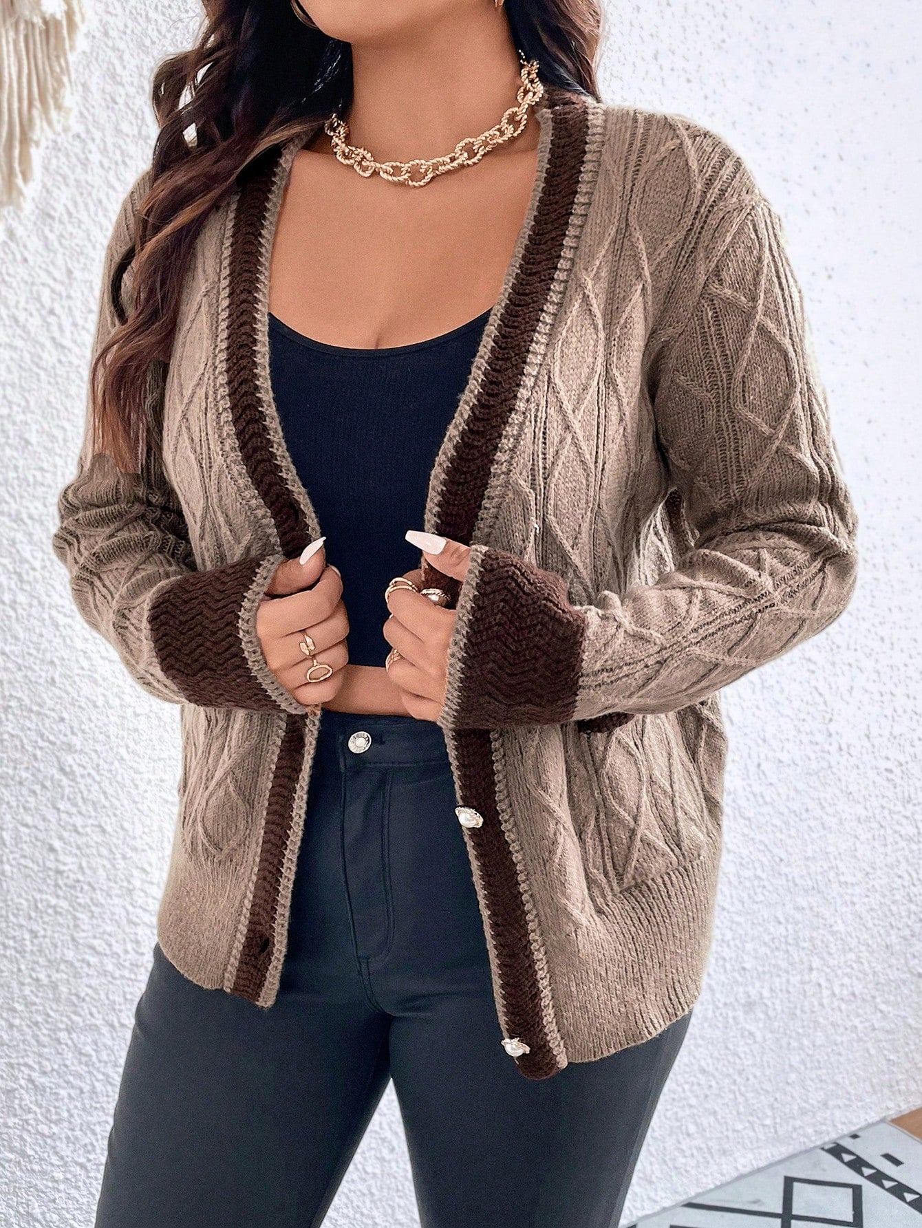 Preppy Hippie Plus Contrast Trim Pocket Patched Cardigan