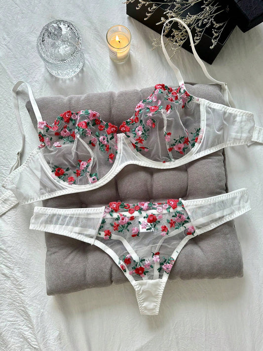 Take You To Paradise Plus Floral Embroidery Mesh Underwire Lingerie Set