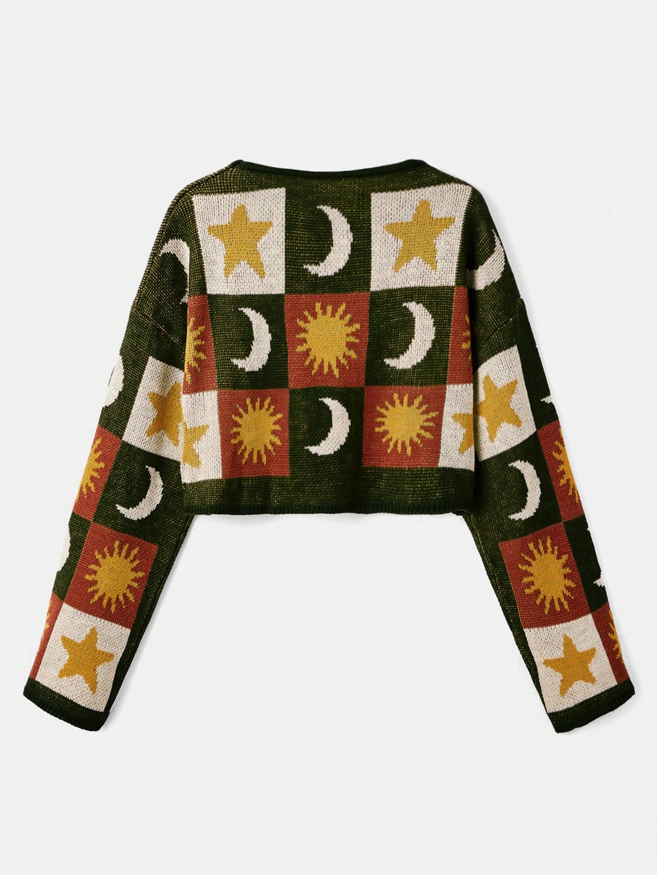 70’s Hippie Sun & Moon Patchy Crop Sweater