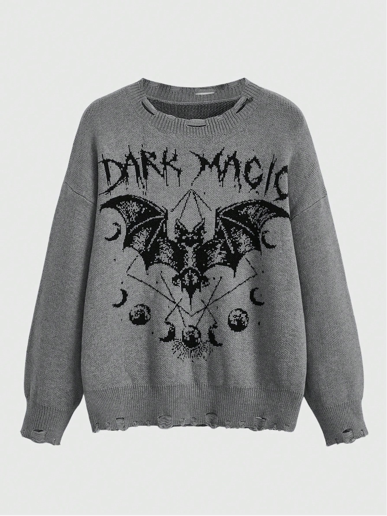 Goth Bat Pattern Drop Shoulder Distressed Sweater