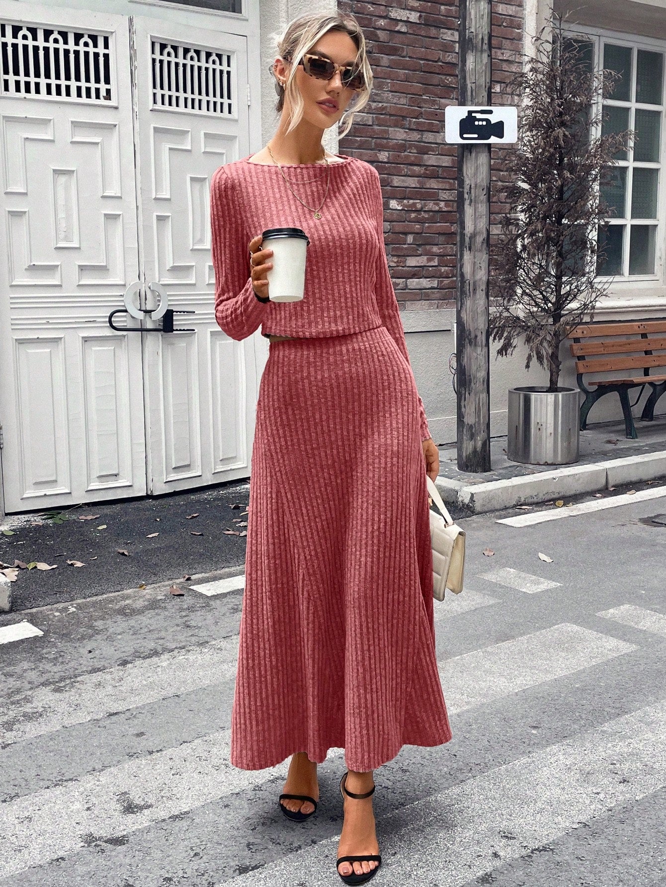 Striking Solid Ribbed Knit Top & Skirt Set