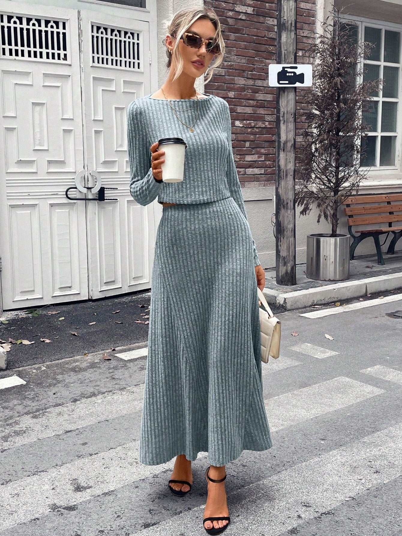 Striking Solid Ribbed Knit Top & Skirt Set