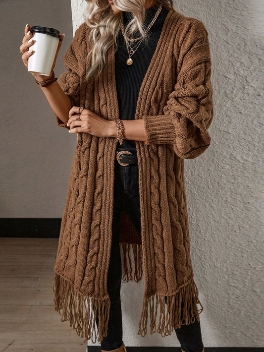 Latte Cable Knit Fringe Hem Duster