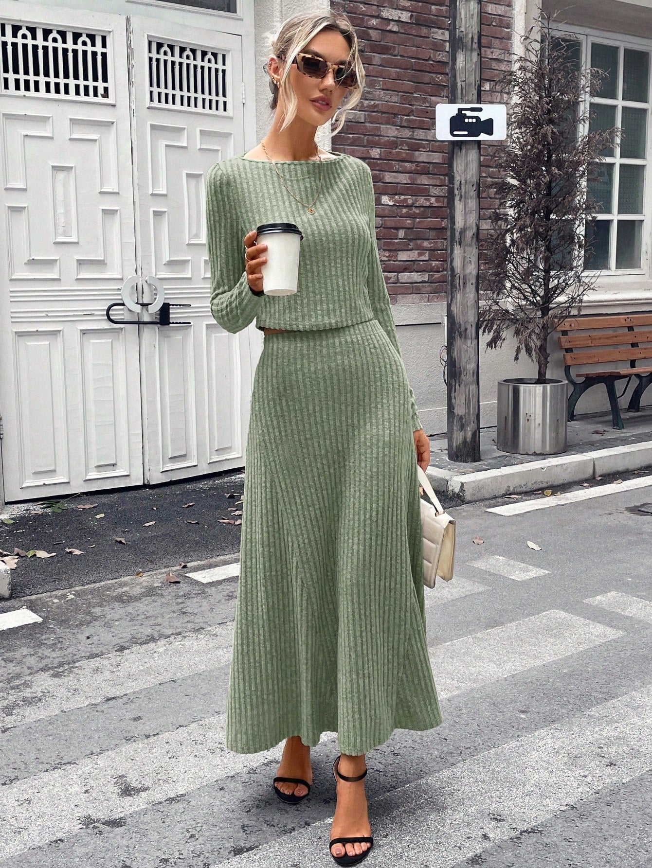 Striking Solid Ribbed Knit Top & Skirt Set