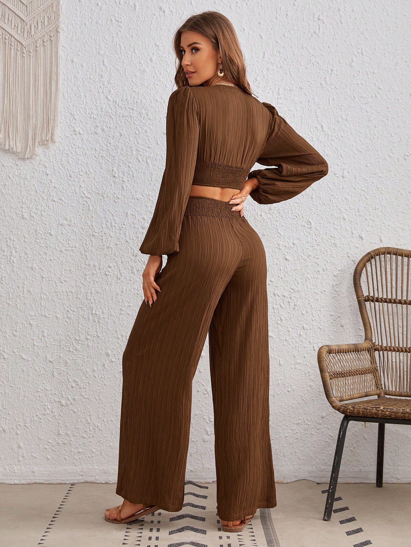 Not Your Business Balloon Sleeve Crop Top & Wide Leg Pants Set