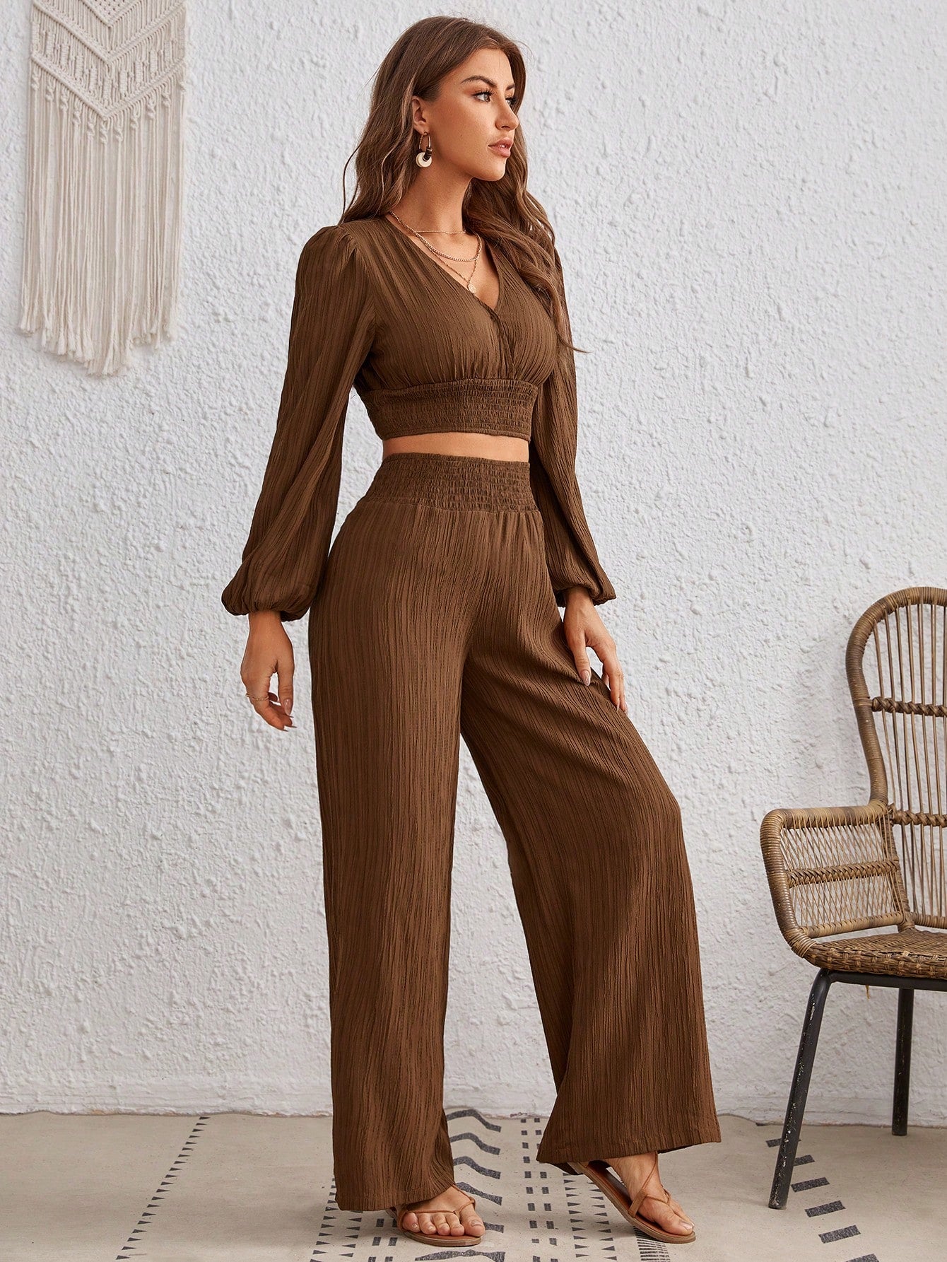 Not Your Business Balloon Sleeve Crop Top & Wide Leg Pants Set