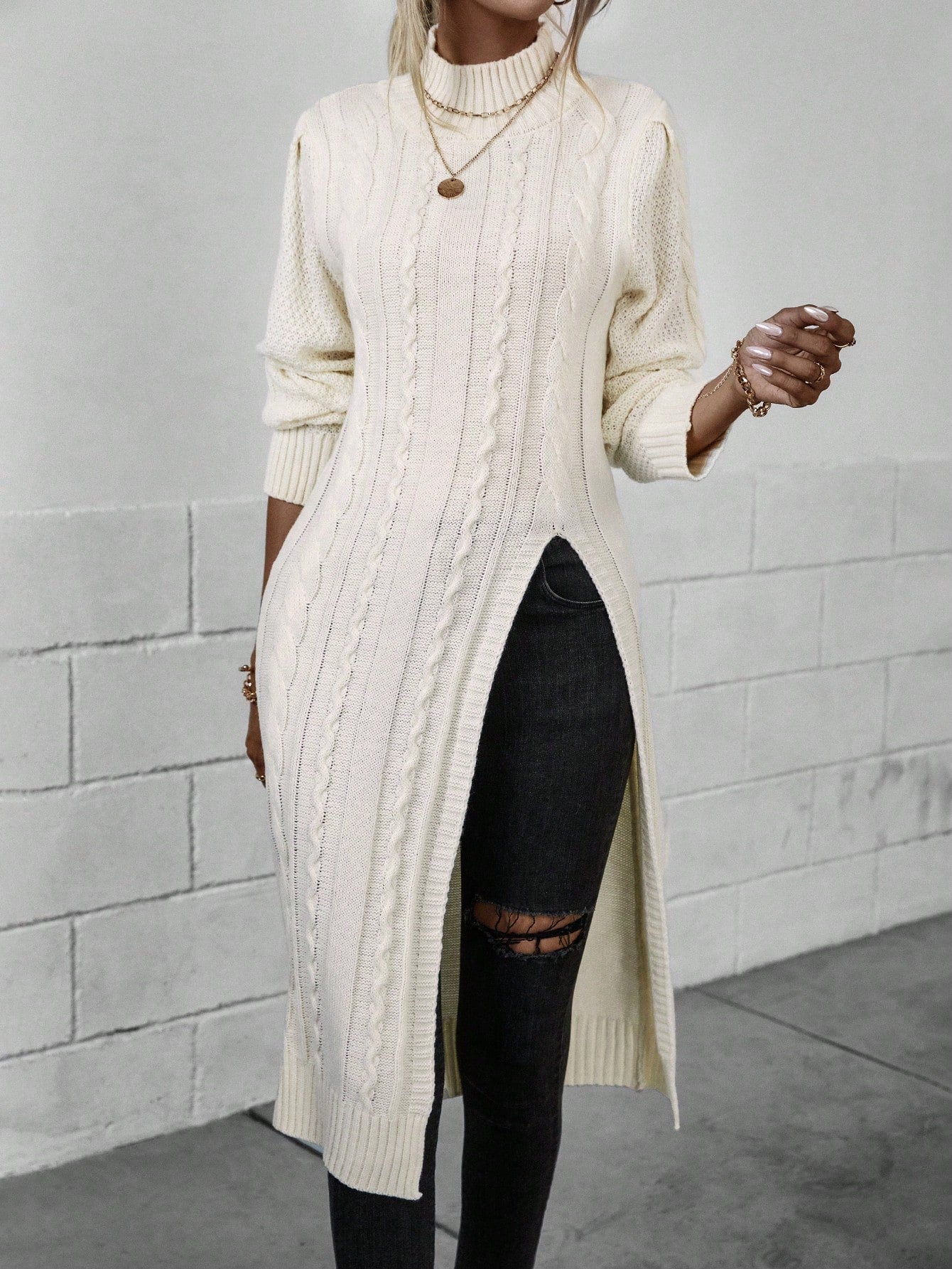 Picture Perfect Mock Neck Split Thigh Cable Knit Longline Sweater