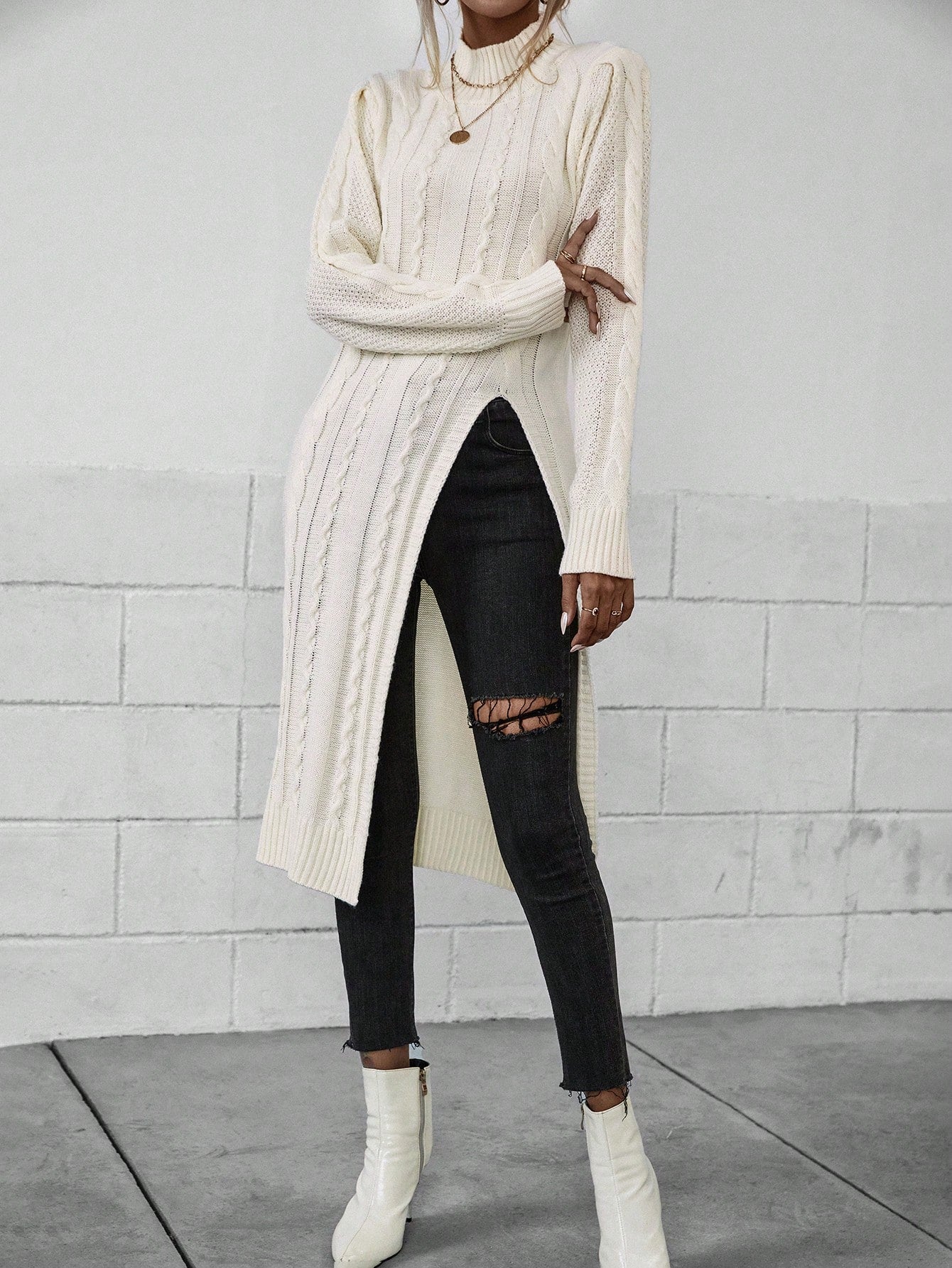 Picture Perfect Mock Neck Split Thigh Cable Knit Longline Sweater