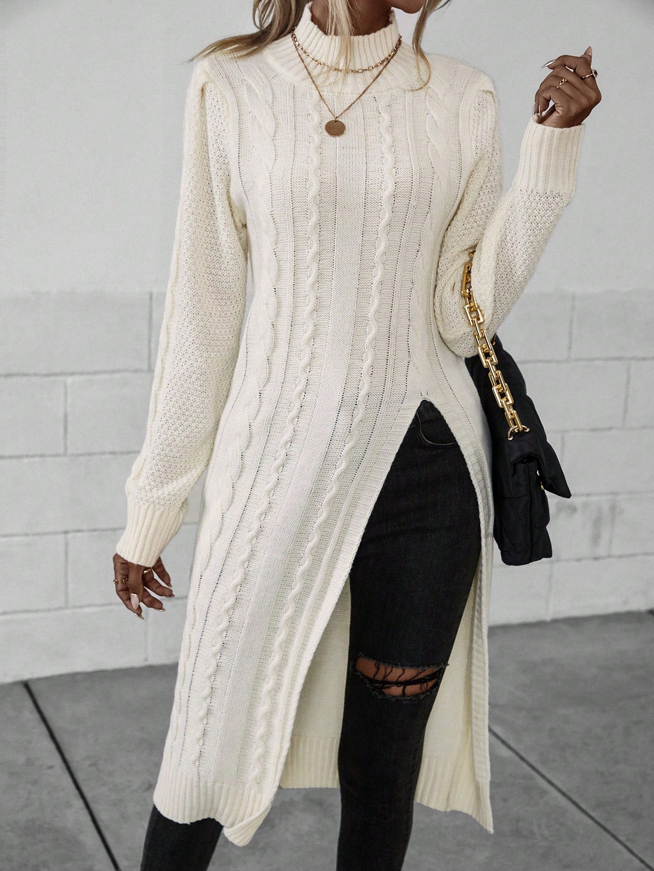 Picture Perfect Mock Neck Split Thigh Cable Knit Longline Sweater