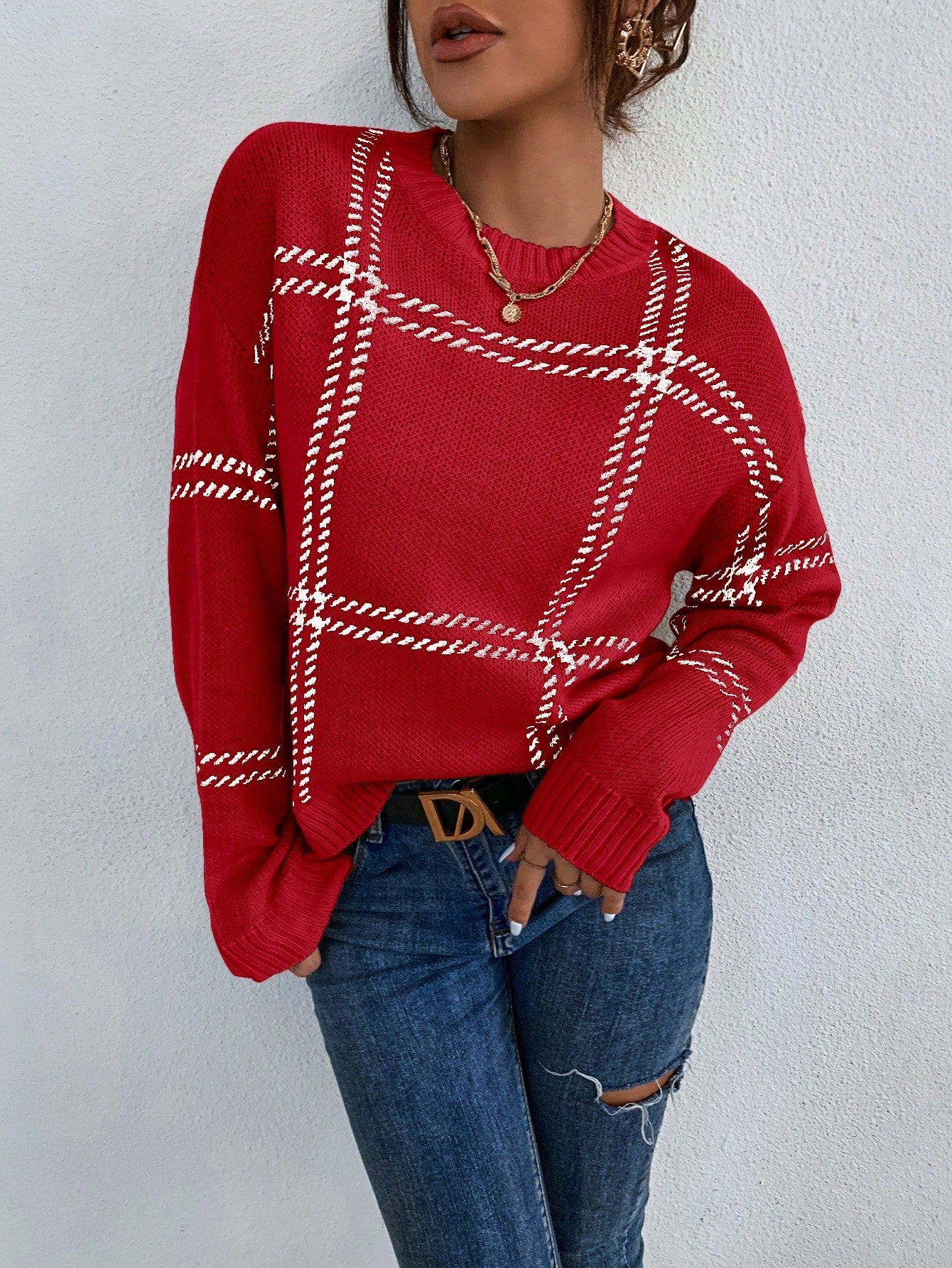 Joyous Plaid Pattern Drop Shoulder Sweater