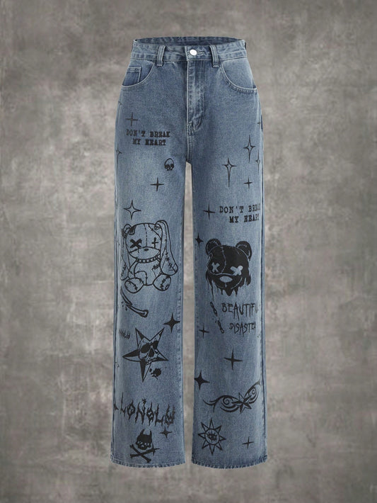 Grunge Punk Graphic Straight Leg Jeans