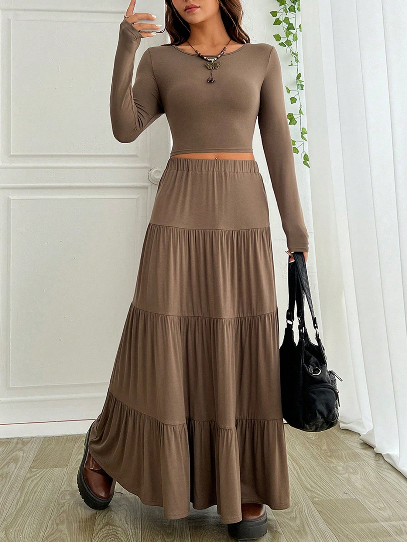 Mesmerizing Solid Crop Tee & Ruffle Hem Skirt Set