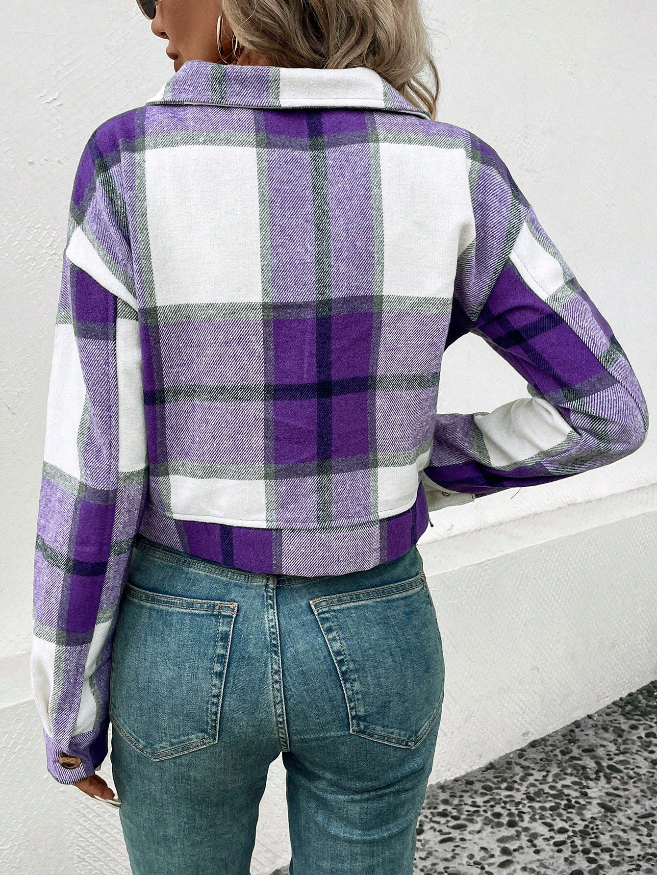 Plaid Print Flap Pocket Crop Jacket