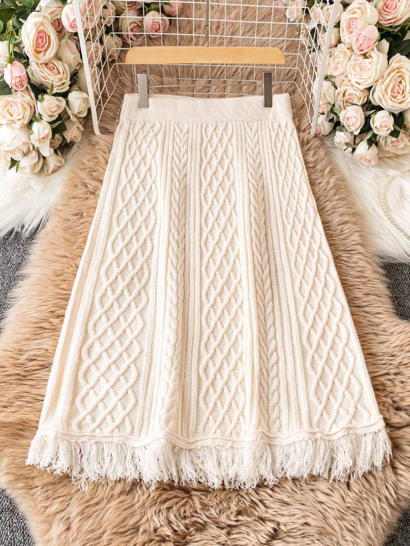 Macrame Plus Fringe Hem Cable Knit Skirt