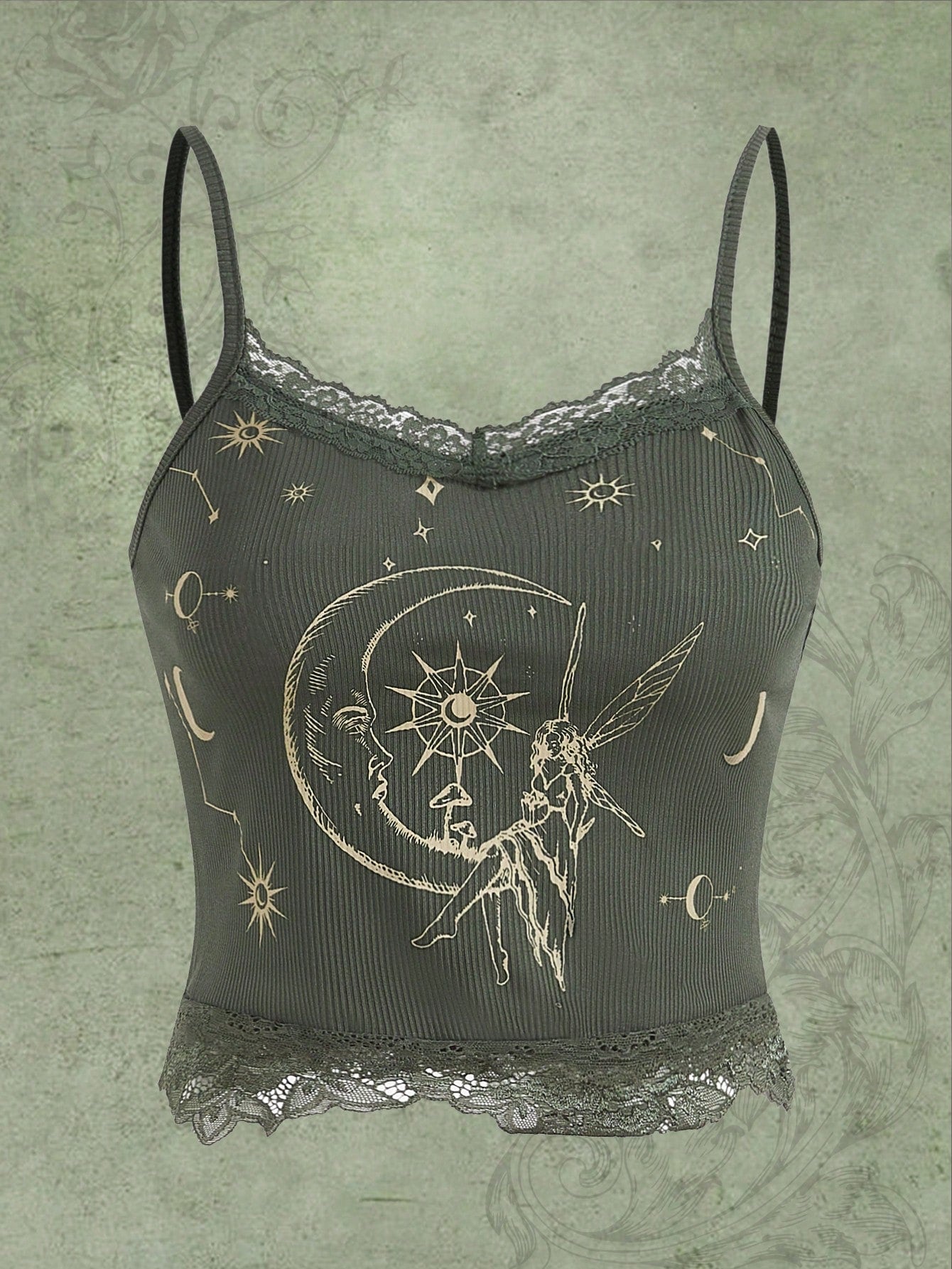 Pixie Sun & Moon Graphic Contrast Lace Cami Top