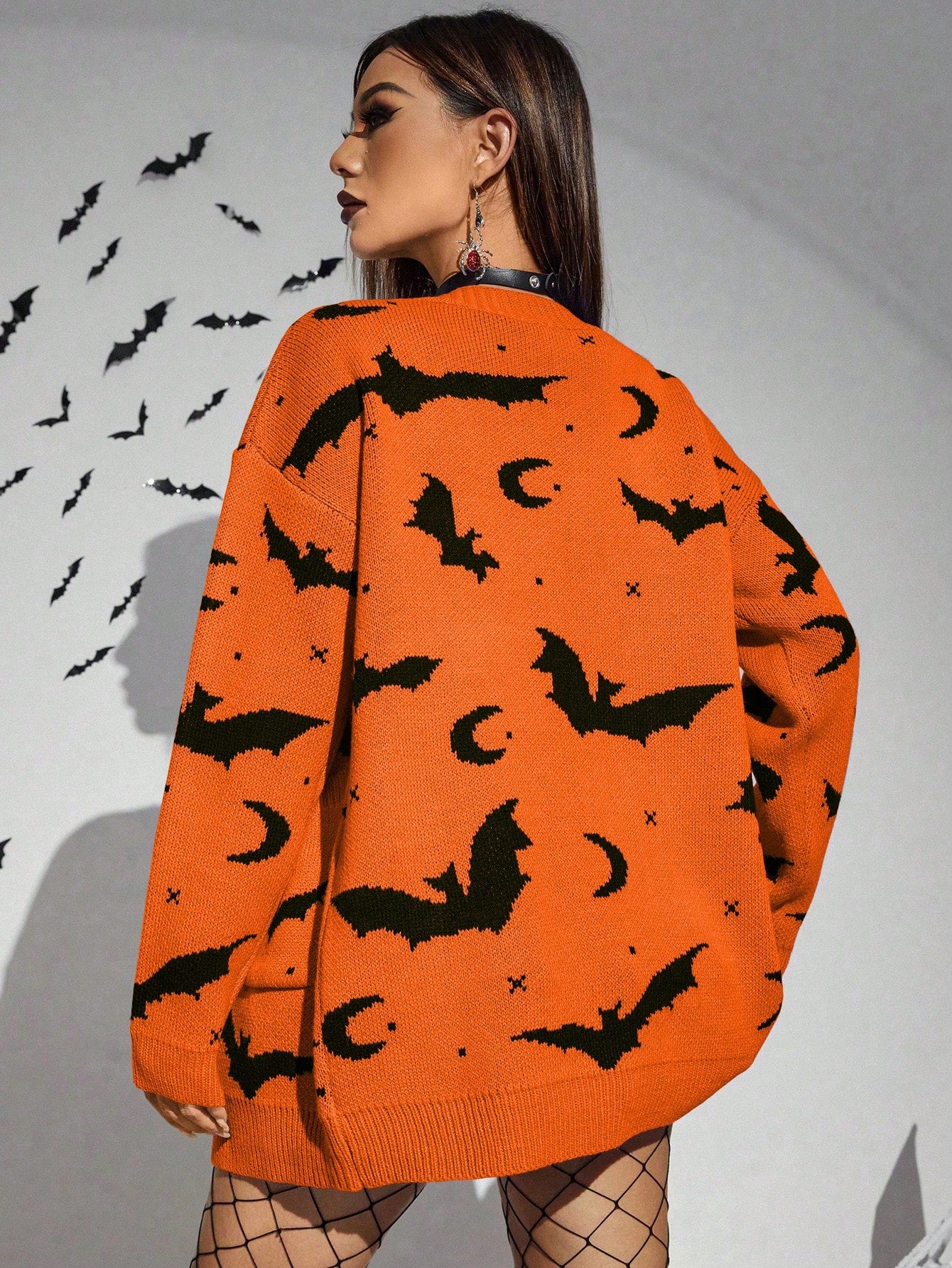 Cárdigan con hombros caídos y estampado de murciélago de Halloween •morado o naranja