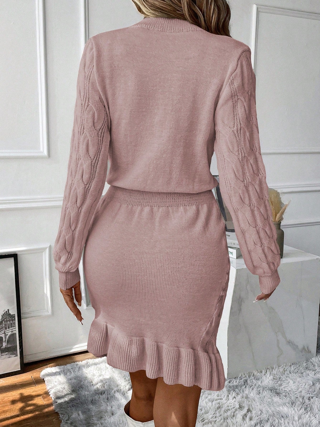 Vacation Mode Cable Knit Lantern Sleeve Ruffle Hem Sweater Dress