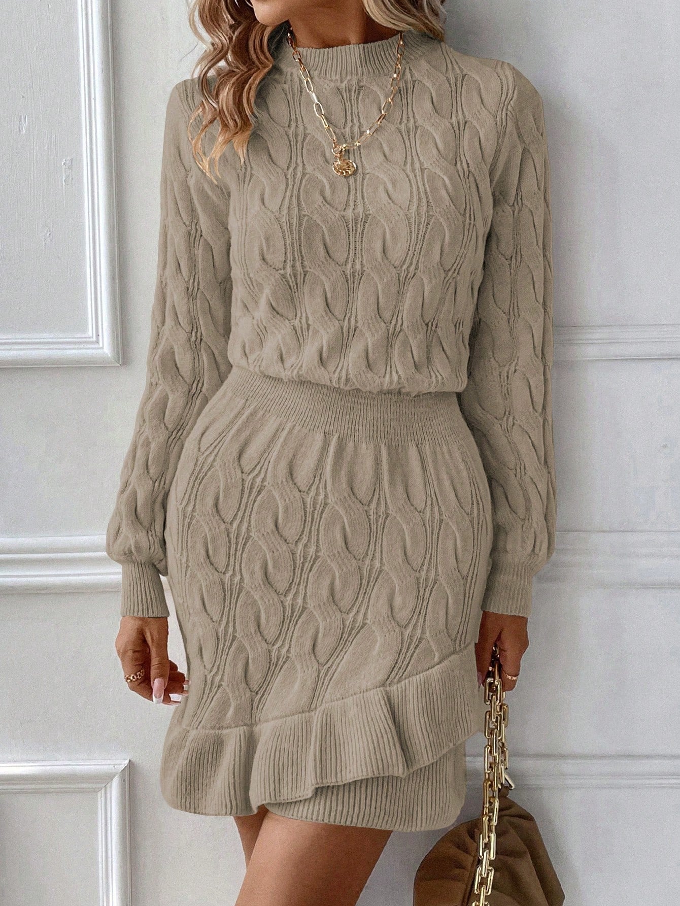 Vacation Mode Cable Knit Lantern Sleeve Ruffle Hem Sweater Dress