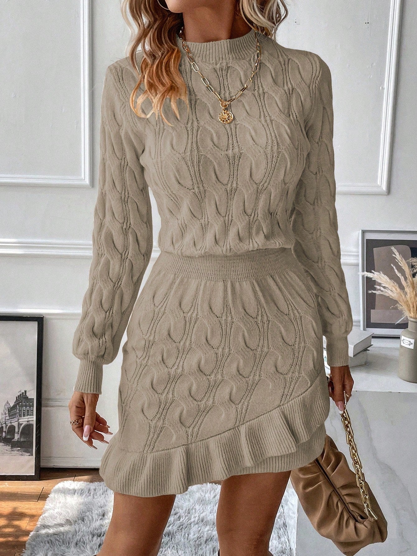 Vacation Mode Cable Knit Lantern Sleeve Ruffle Hem Sweater Dress